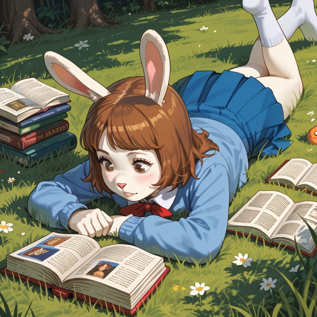 score_9, score_8, score_7, break, datillo_a, rabbit girl, brown hair, animal ears, furry, skirt, lying on stomach, grass, reading, book.