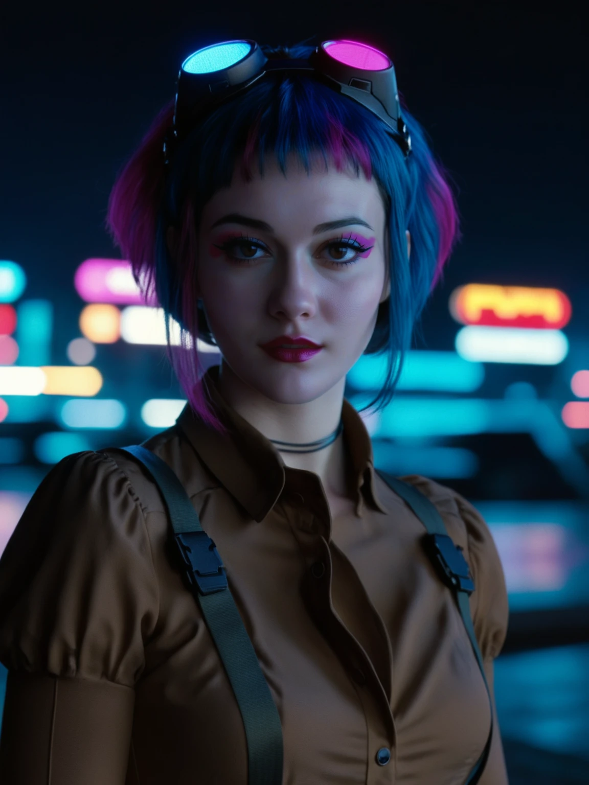 neonpunk style realistic
<lora:melwinstead_v2_everclear:1> ramflaw woman, rmflwwmn hair, blue hair,rmflwwmn outfit,brown dress, tactical gear,(cyberpunk:1.2),portrait,head accessory,eye accessory, cyberpunk, vaporwave, neon, vibes, vibrant, stunningly beautiful, crisp, detailed, sleek, ultramodern, magenta highlights, dark purple shadows, high contrast, cinematic, ultra detailed, intricate, professional