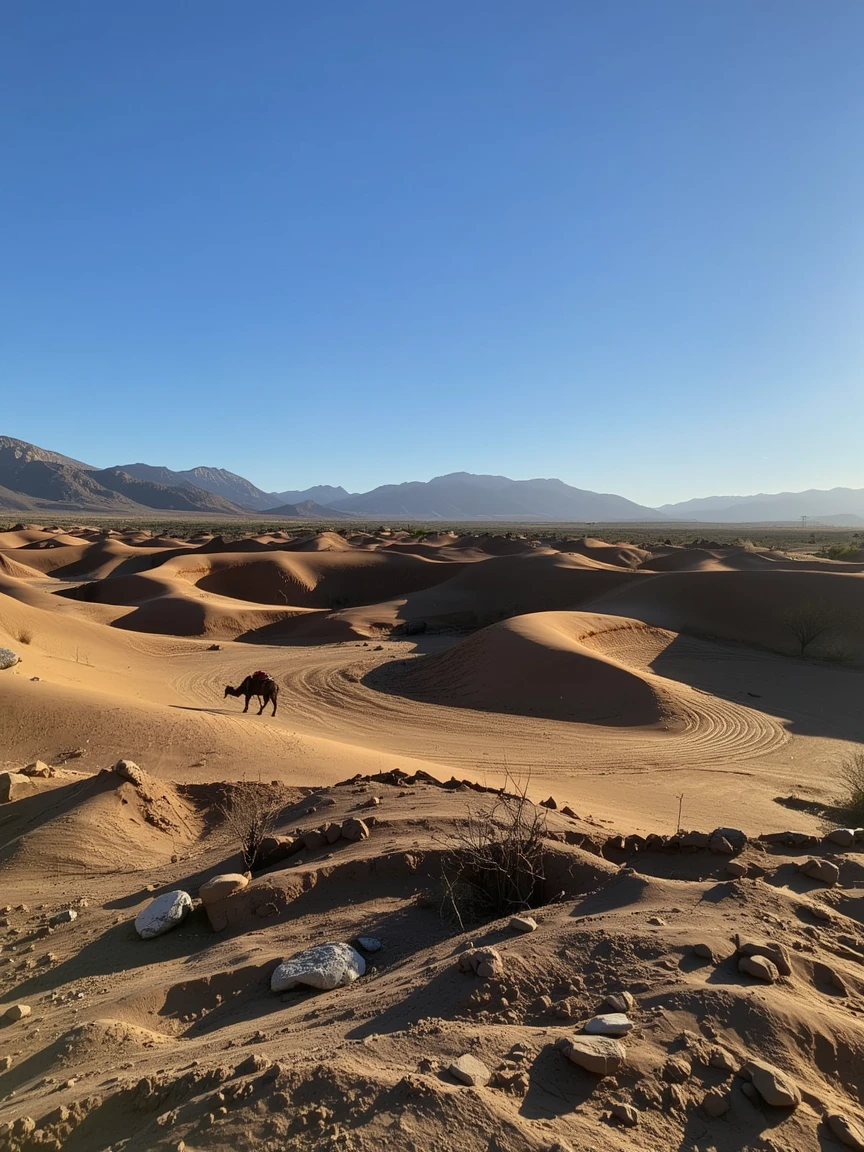 iPhone photo, Vast desert landscape, endless dunes of golden sand, rippling patterns shaped by the wind, soft sunlight illuminating the curves, deep blue sky above, a lone camel silhouetted against the horizon. Scattered rocks and dry shrubs dotting the landscape, distant mountain range barely visible through the heat haze, warm tones, tranquil and expansive, a sense of solitude and beauty.