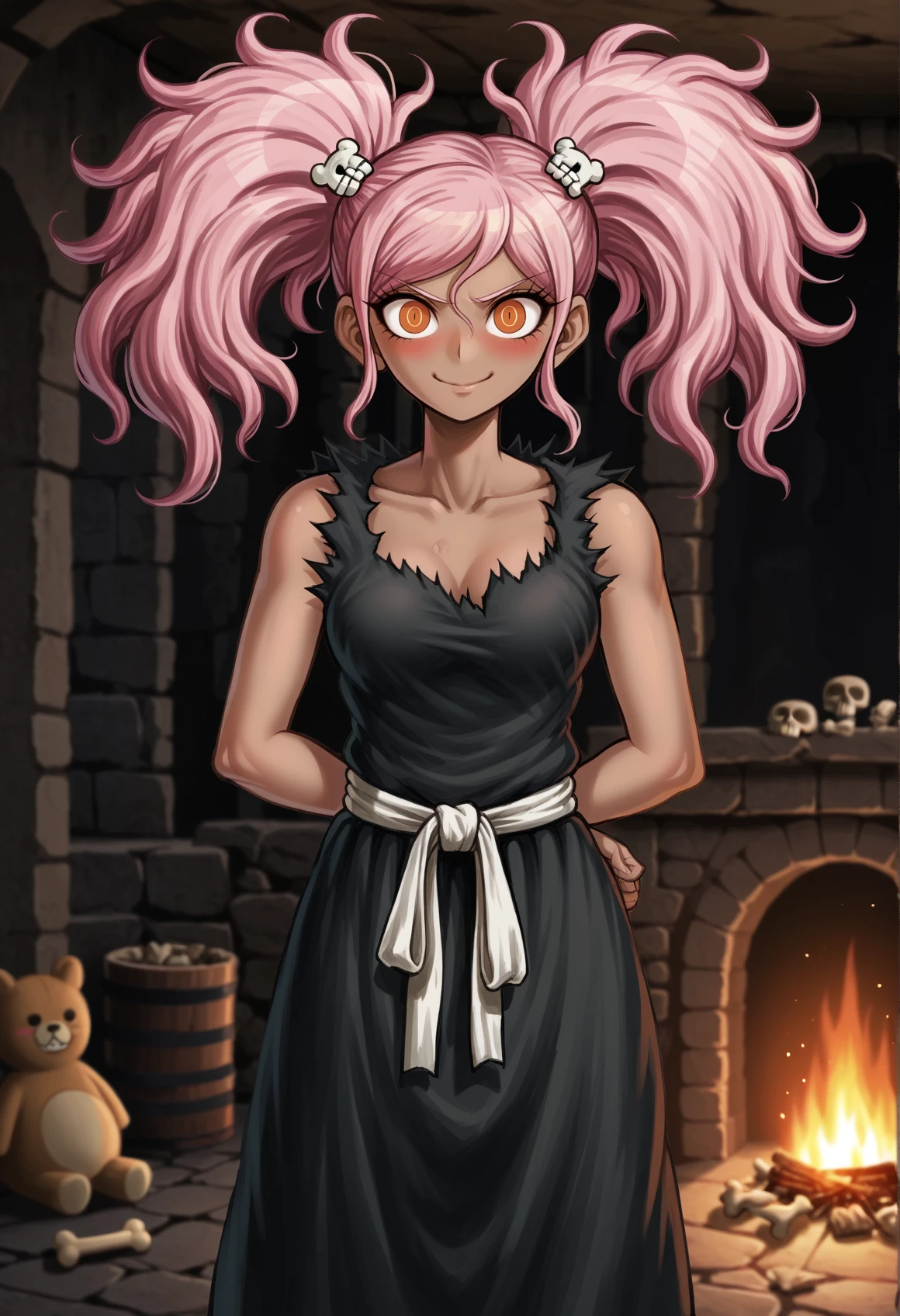 1girl, solo, dark skin, evil, evil smile, reaching viewer, orange eyes, pink hair, messy hair, twintails, hands behind back, closing to the viewer, cavewoman, fur, bone hair ornament, jewelry prehistoric, evil smile, closed mouth, blush, indoors, cave, bonfire    <lora:danganronpa:1>, score_9, score_8_up, score_7_up, score_6_up, score_5_up, score_4_up, BREAK source_anime, masterpiece