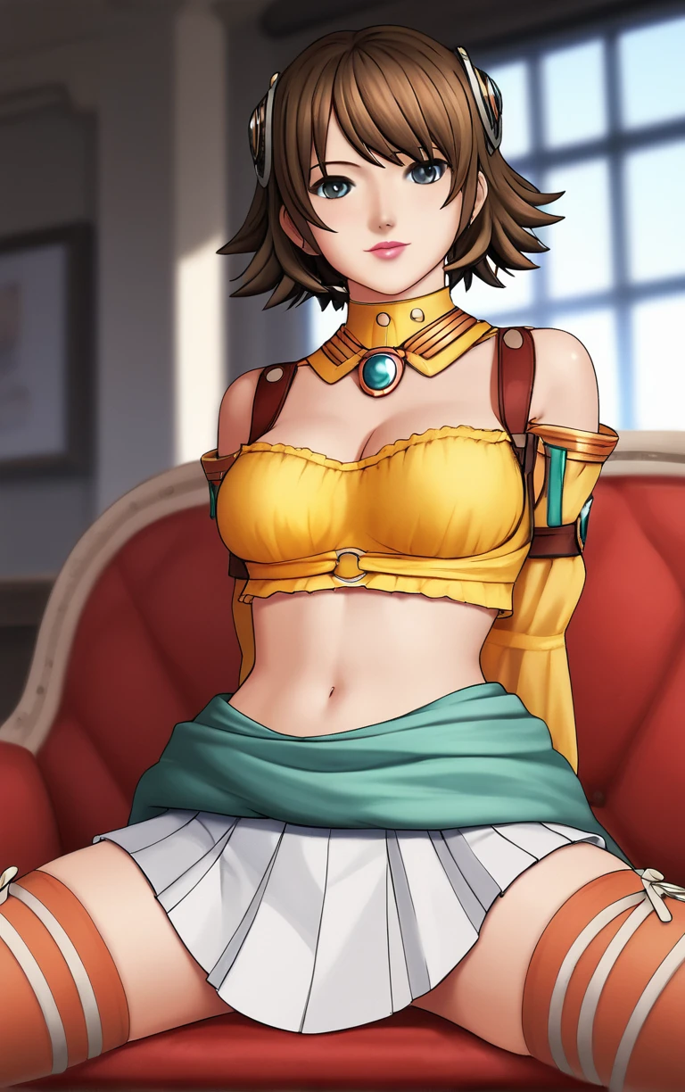 score_9, score_8_up, score_7_up, score_6_up, BREAK
MainOutfit_RogueGalaxy_ownwaifu, 
1girl, brown hair, grey eyes, hair ornament, short hair, lips, breasts, medium breasts, flipped hair, jewelry, lipstick, 
neck ring, suspenders, yellow shirt, midriff, clothes around waist, detached sleeves, navel, thighhighs, crop top, miniskirt, skirt, bare shoulders, long sleeves, white skirt, cleavage, armor, necklace, pleated skirt,
(sitting, spread legs), arms behind back, couch, window shade, indoors, <lora:PONYXL_Kisala_RogueGalaxy_ownwaifu:0.95> , depth of field