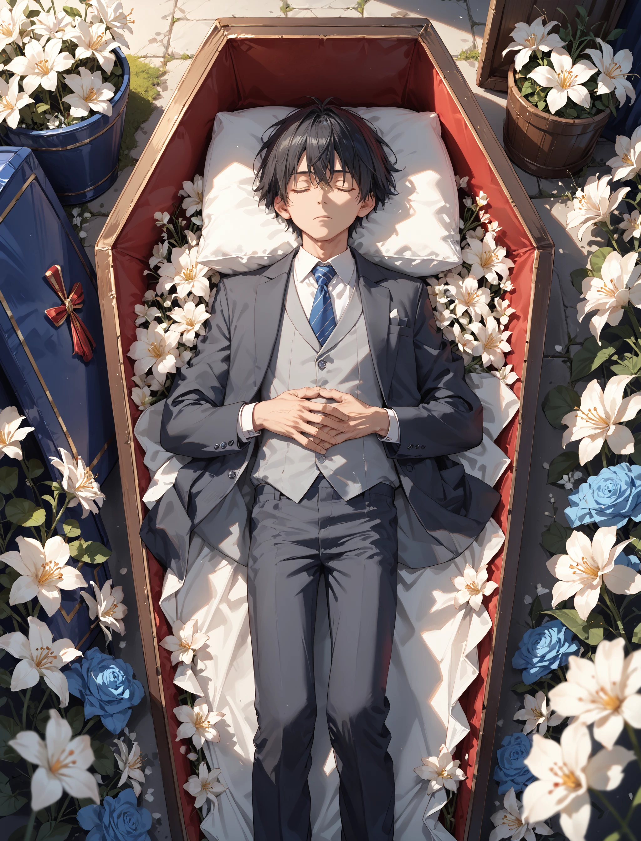 score_9, score_8, score_7_up masterpiece, amazing quality, hyper detailed, high resolution, highres, (embedding:zPDXL3:1.1), 

1boy, short hair, black hair, closed eyes, suit, sleeveless vest, pants, 

coffin, blue coffin, lying, fullbody, top view, flowers, blue and white flowers, flowers inside coffin, hands on stomach,

(coffin lid:1.25)