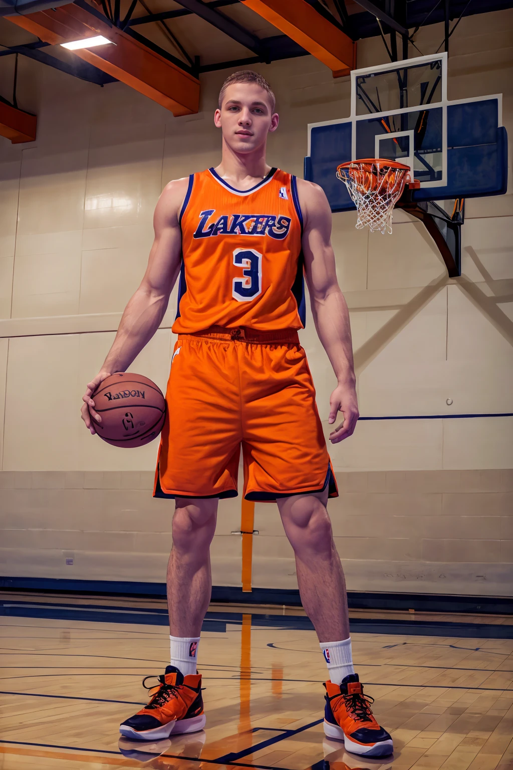 basketball arena, high ceiling, basketball court, basketball hoop, SCNoel is a basketballplayer, wearing basketball uniform, (dark orange jersey:1.2), (dark orange shorts:1.2), white socks, hightop sneakers, (holding basketball), (caucasian male), (((full body portrait))), wide angle <lora:Clothing - Sexy Basketball Player:0.50> <lora:SCNoel:0.8>