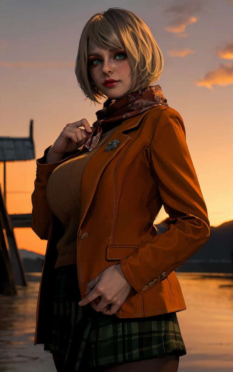 (masterpiece, best quality:1.4), insaneres, absurdres, solo, looking at viewer,BREAK 
MainOutfit_Ashley_ownwaifu,  
1girl, blue eyes, short hair, blonde hair, lips, freckles, jewelry, bob cut, necklace, nose, bangs, large breasts, red lips, eyelashes, lipstick, makeup, 
red scarf, brown coat, orange sweater, ribbed sweater, black pantyhose, plaid skirt, green skirt, miniskirt, pleated skirt, turtleneck, blazer, long sleeves, orange jacket, open coat,
(contrapposto, hand on hip), sunset, sidelighting, outdoors, <lora:GAME_ResidentEvil4Remake_Ashley_ownwaifu:1> , depth of field