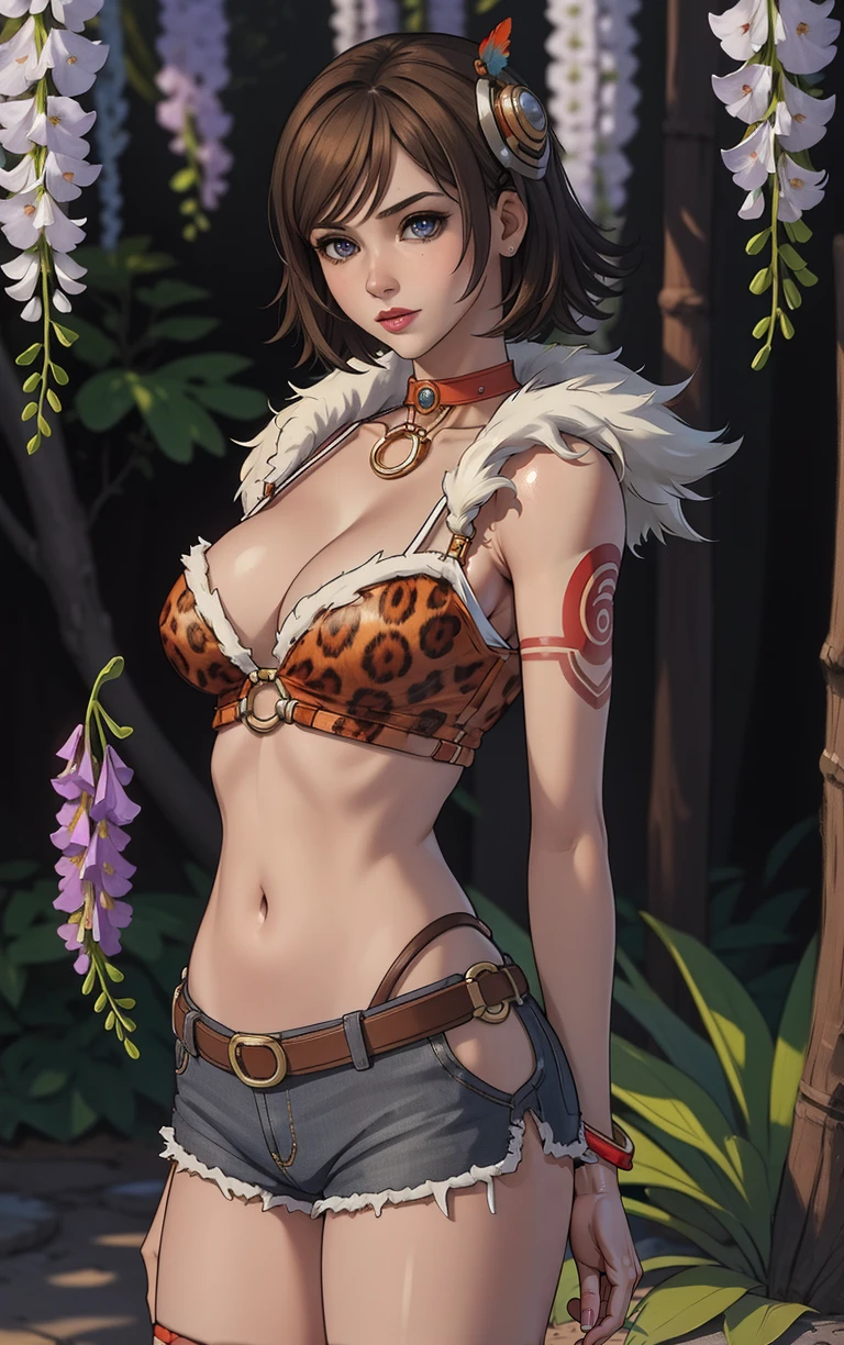 (masterpiece, best quality:1.4), insaneres, absurdres, looking at viewer, BREAK 
LeopardPrint_RogueGalaxy_ownwaifu,   
1girl, brown hair, grey eyes, hair ornament, short hair, lips, medium breasts, flipped hair, lipstick, 
brown shirt, crop top, leopard print, multicolored neckwear, tribal, tattoo, cleavage, feathers, midriff, navel, thighhighs, animal print, shorts, choker, fur trim, jewelry, short shorts, necklace, o-ring
(leaning forward, arms behind back), cowboy shot, garden, wisteria, outdoors, <lora:GAME_Kisala_RogueGalaxy_ownwaifu:0.85> , depth of field, solo,