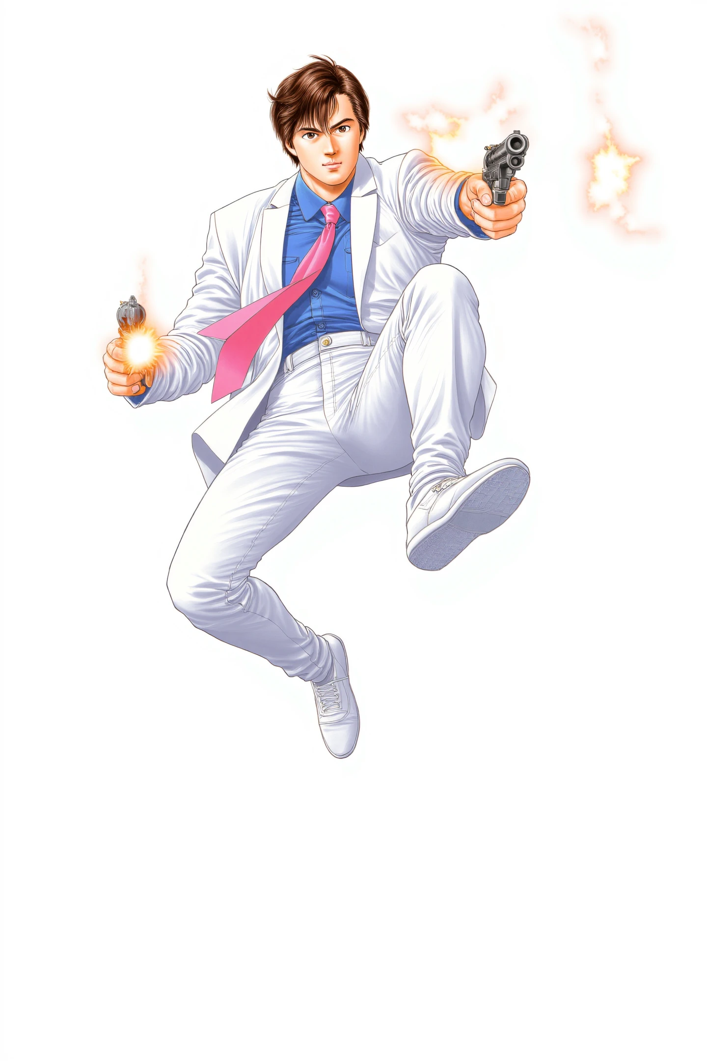 This is a digital drawing in a manga style,featuring a young man in a dynamic,action-packed pose. The subject is depicted in mid-air,with a determined expression and intense gaze. He has short,tousled brown hair and a light complexion. He is dressed in a crisp,white suit with a blue dress shirt and a pink tie,adding a touch of elegance to his appearance. His left hand is gripping a pistol,while his right hand is holding another pistol,both aimed forward. The pistols are emitting a burst of flames and smoke,suggesting he is firing them. The background is plain white,ensuring the focus remains on the subject. The drawing style is characterized by bold lines and vibrant colors,with shading and highlights that give the image depth and realism.,
<lora:Tsukasa Hojo_FLUX:1>,