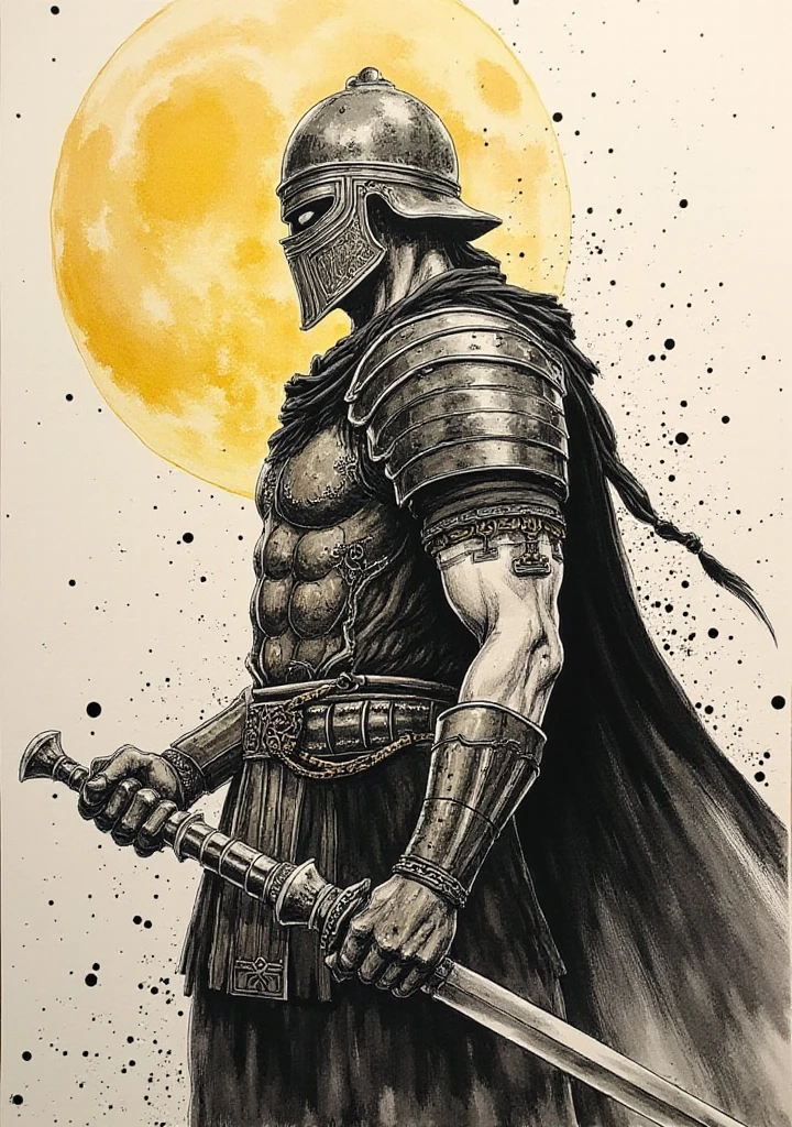 inksplat, traditional media, __framing__, ink manga watercolor of a warrior, __expression__, fantasy armor, detailed, masterpiece, dynamic ink strokes and splats in the background, desaturated colors, __background__, __hour__, __epoch__