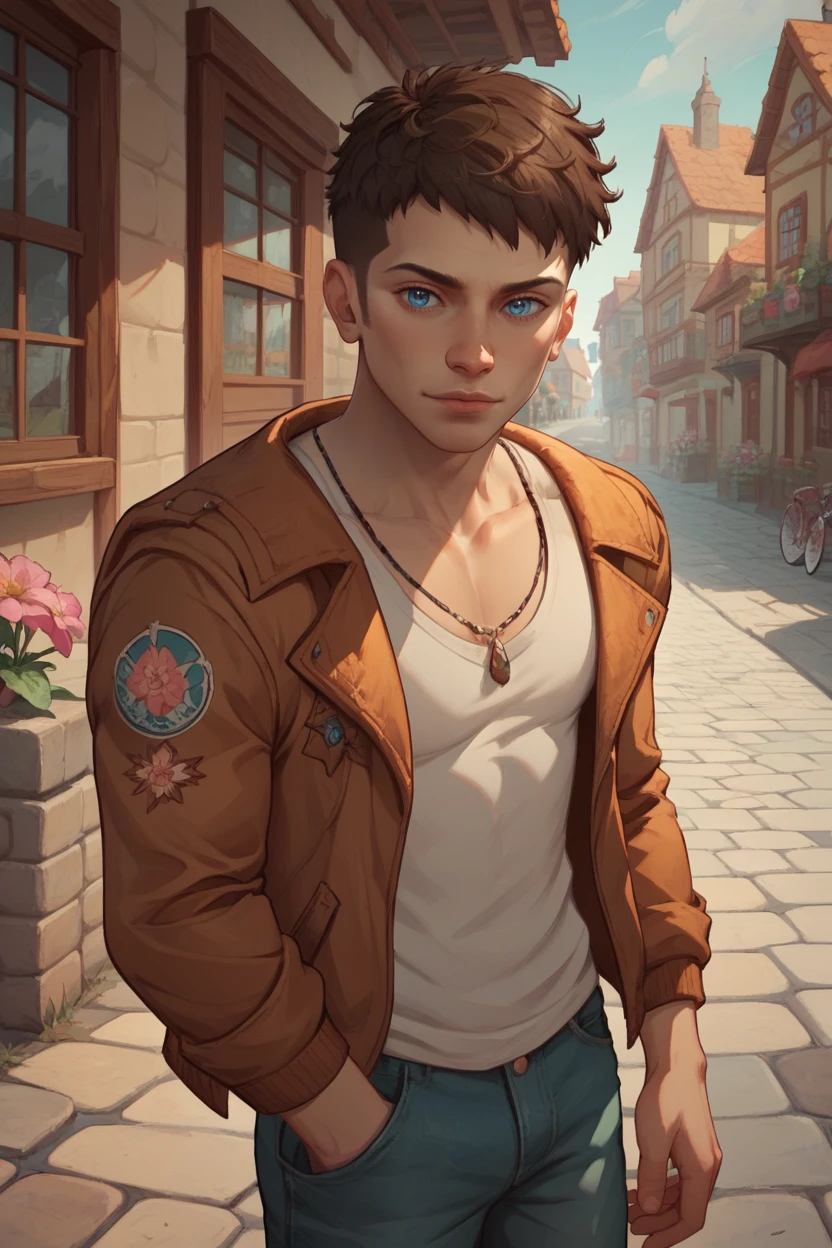 score_9, score_8_up, score_7_up, score_6_up
<lora:DmCDante:0.8>
DmCDante, 1boy, short hair, brown hair, blue eyes, looking at viewer, posing on a vintage bicycle in a quaint village, wearing a classic tweed jacket, cobblestone streets, blooming flowers, charming and timeless atmosphere