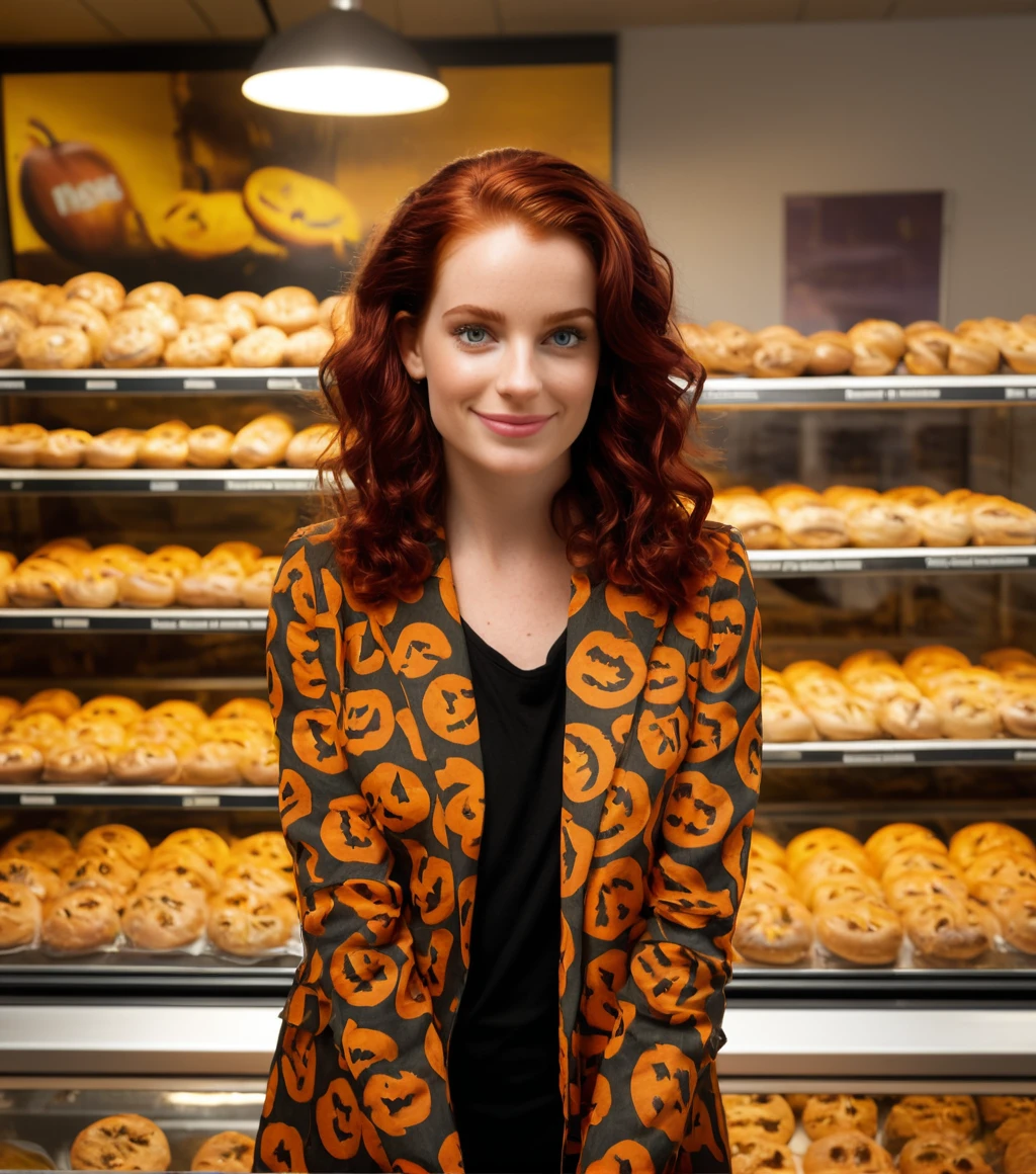 <lora:d5pumpk1n_04XL-000010:1.1>, a photograph of (24 year old)(gorgeous d5pumpk1n woman:1.2) with long dark ginger hair,,standing at the counter of a (New York City delicatessen:1.1),bagels and pasteries in display case behind,looking at viewer,smiling,variety magazine photoshoot, cinematic photograph, photorealism, realistic lighting,depth of field,realistic shadows,masterpiece,Award-winning, 8K wallpaper,Hyperrealistic, intricate detailed, subsurface scattering, rule of thirds, detailed pupils, 35mm photograph, detailed skin texture, subsurface scattering