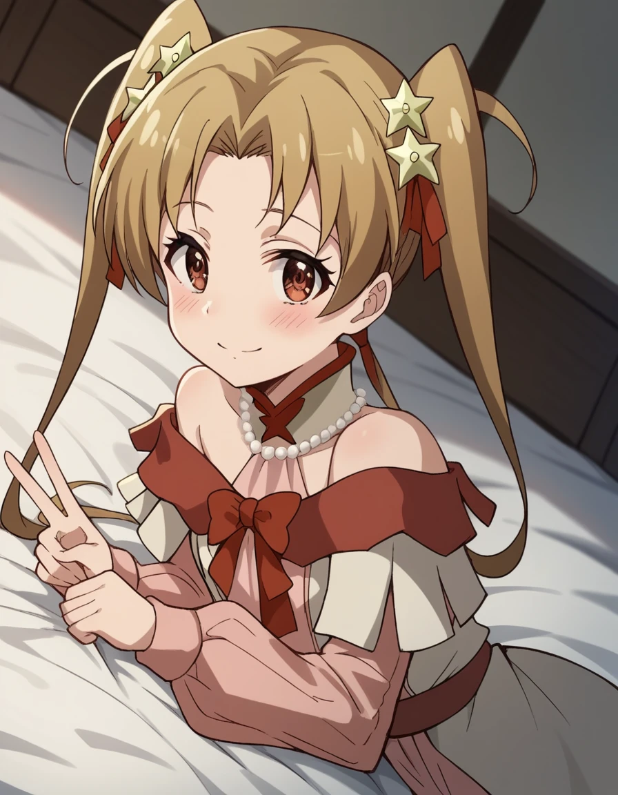 score_9, score_8_up, score_7_up, source_anime, <lora:sherry-tueli-s2-ponyxl-lora-nochekaiser:1>, sherry tueli, long hair, brown hair, hair ornament, twintails, brown eyes, star (symbol), star ornament,, dress, bare shoulders, jewelry, necklace, frills, long sleeves,, indoors, bed, bed room, on side, blush, drunk,, smile, looking at viewer, v,, solo,, cowboy shot, dutch angle