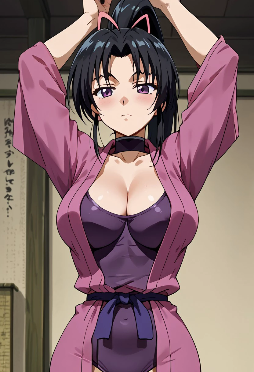 Sh1gureKosaka, 1girl,score_9,score_8_up,score_7_up,kousaka_shigure, ponytail,  large_breasts, standing, Black hair with an eggplant hue, short Purple kimono, tight-fitting leotard under her kimono,hanging upside down ,portrait