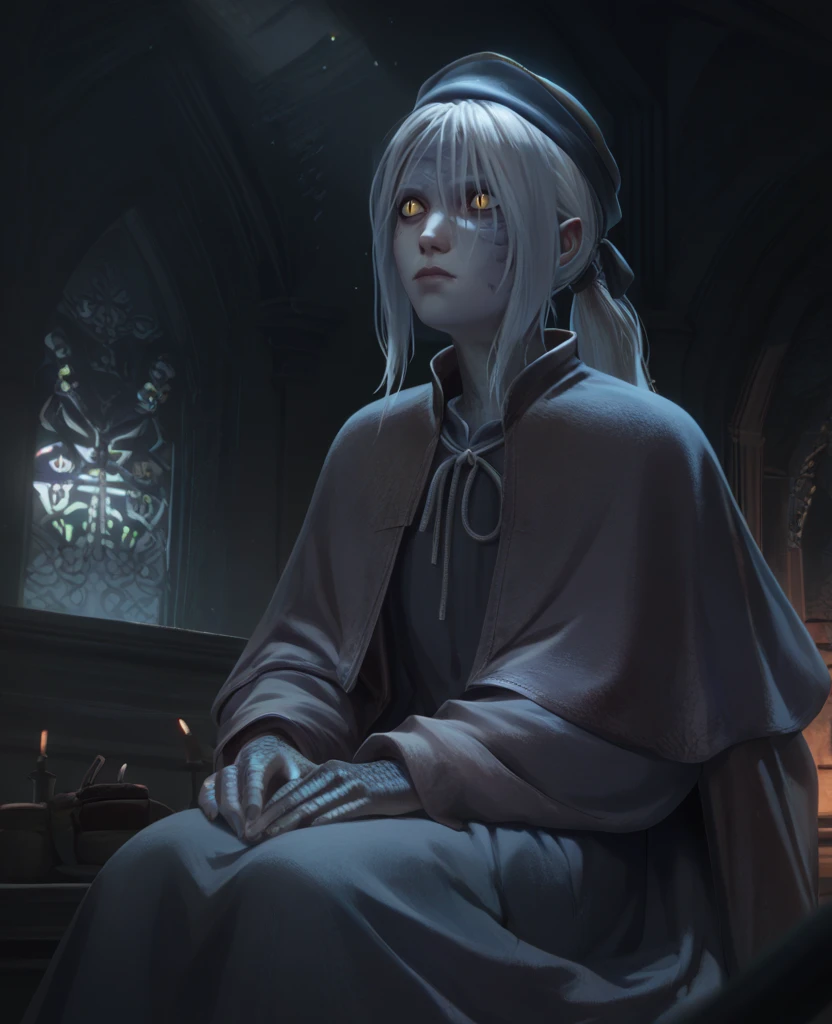 score_9,score_8_up,score_7_up,score_6_up,
thepnterxl,facial mark,yellow eyes,slit pupils,scales,white hair,ponytail,
hat,dress,capelet,sitting,
indoors,castle,night,
<lora:thepainterXL:0.8>,