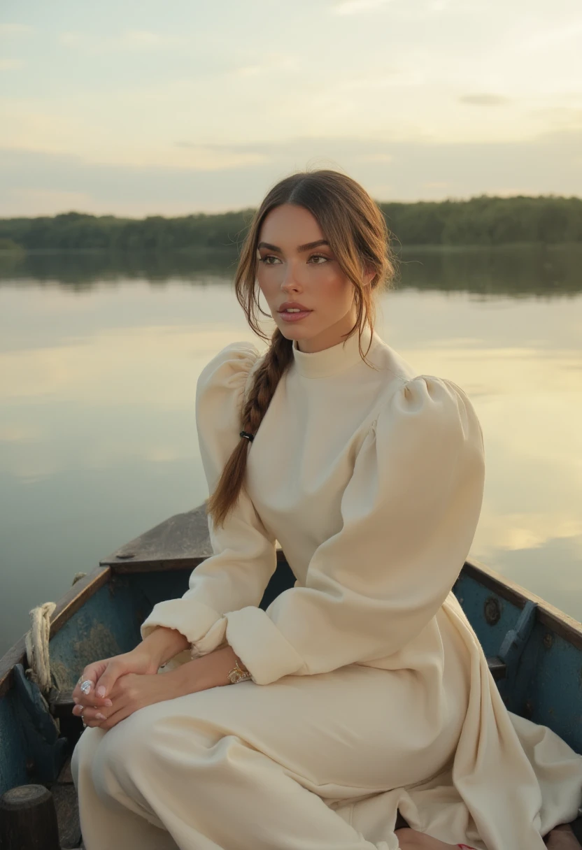 woman, heavy makeup, direct eye contact,  sitting on a small boat floating on a calm lake at dawn. She wears a conservative long, flowing cream-colored dress with a high neck and puffed sleeves, her hair tied back in a braid