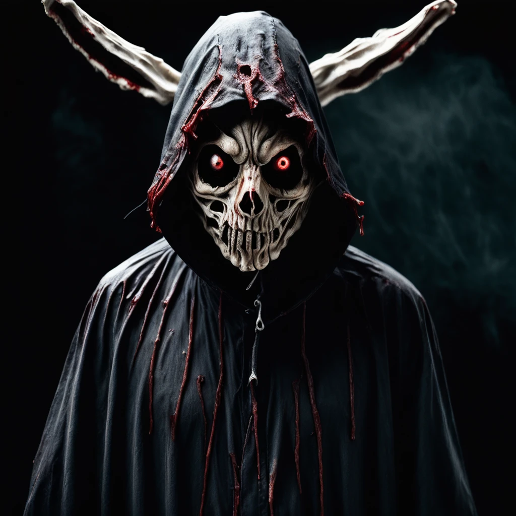 mask, outdoors, blood, solo, no humans, hood, hooded cloak, red eyes, old man, power lines, black background, fangs, monochrome, whiskers, skeleton