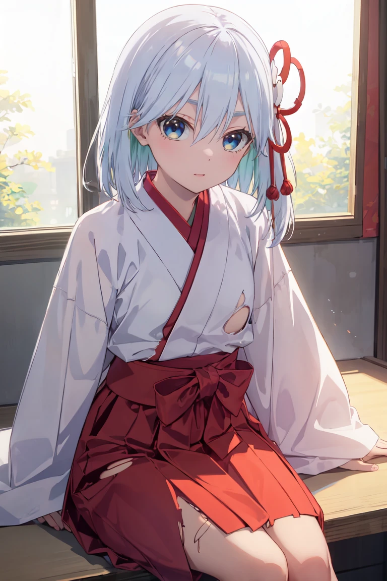 masterpiece, best quality, ultra-detailed, glistening shiny, glowing light, ray tracing, HDR, deph of field, (perfect face, detailed face), <lora:AmagamiAsahi:0.8>, amagamiasahi, flat chest, hair ornament, miko, red hakama skirt, (torn clothes:1.2), sitting