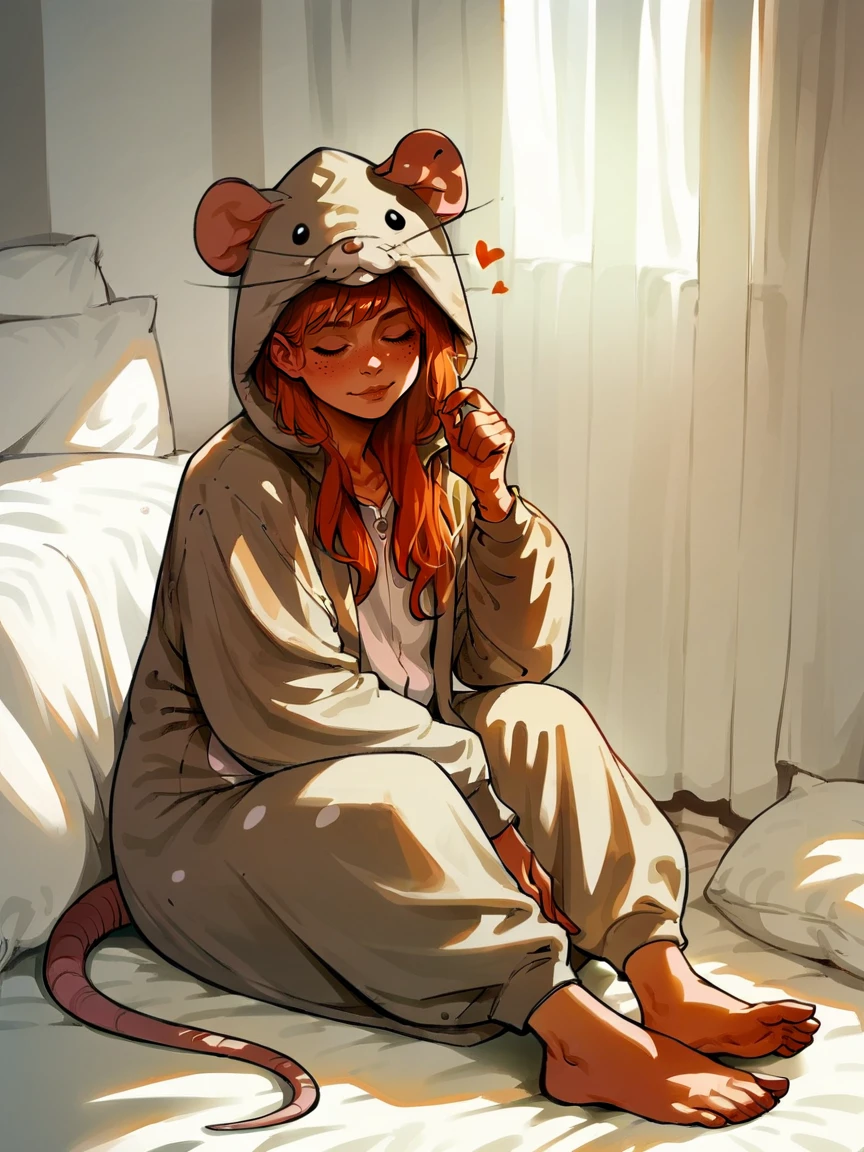 score_9, score_8_up, score_7_up, score_6_up, score_5_up,  <lora:ratonsieXLP3:1> rat onsie, barefoot, animal costume, tail, 1girl, ginger hair, sitting, heart, bedroom <lora:dappledlightXLP:1> dappled light, dappled sunlight