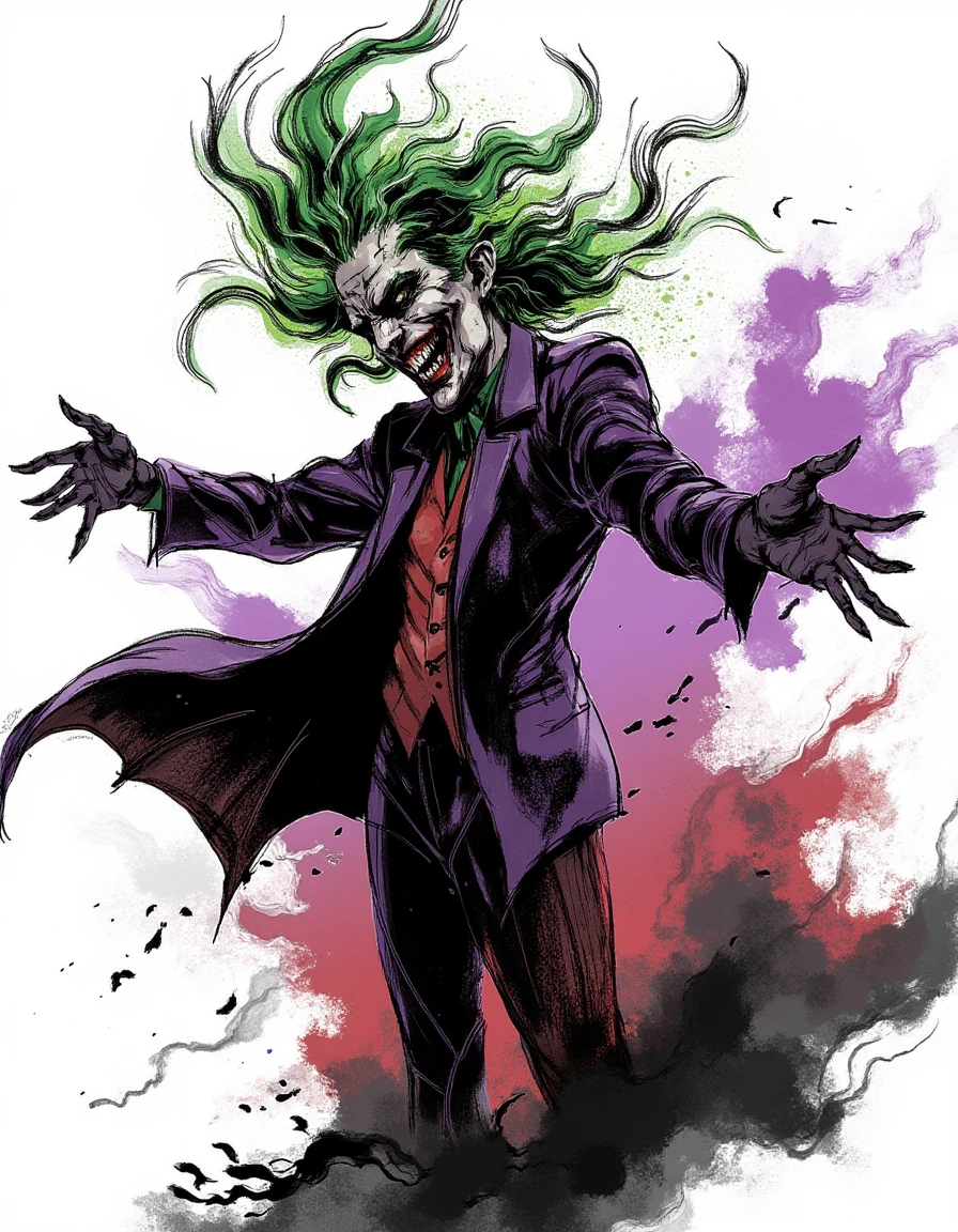 In a highly detailed digital drawing inspired by the iconic style of Yoji Shinkawa, a mesmerizing illustration of The Joker unfolds. The character stands dramatically poised, his wild green hair swirling upwards like chaotic flames, contrasting against a striking monochromatic background that shifts between shadows and highlights. 

Dynamic brushstrokes weave fluid, gestural lines around him, infusing the scene with an infectious energy and an air of mischief that envelops the viewer. The rough, textured lines of his costume—with its ragged edges and frayed collar—accentuate his unpredictable nature, while patches of deep crimson and electric violet serve as selective color accents, drawing the eye and evoking an unsettling sense of foreboding.

The composition is a masterclass in high contrast; bold blacks interact playfully with brilliant whites, while large areas of negative space amplify the tension and chaos inherent in The Joker's character. His pose is exaggerated and expressive, arms thrown wide as if embracing the madness that surrounds him, inviting the audience into his turbulent world. 

Imperfect forms punctuate the artwork, with jagged outlines hinting at both vulnerability and strength, encouraging an emotional response from the observer. Layering and textures, achieved through meticulous hatching and digital refinement, create a captivating depth that pulls the viewer through the chaotic landscape of his psyche. 

Abstract detailing allows glimpses of his manic grin and piercing eyes—features that are suggestive rather than explicit—inviting a personal interpretation of his motives and madness. The piece embodies a controlled chaos, a beautifully balanced composition where dynamic line flow guides the viewer’s eye, leading them deeper into the enigma that is The Joker, capturing the essence of a character that is as intriguing as he is unsettling.