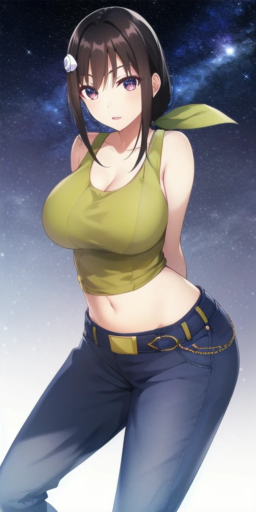 <lora:mayoi_hachikujiV2:0.7> mayoi_hachikuji_low_ponytail, huge_breasts, standing, solo, arms_behind_back, starry_sky,  yellow_tank_top_midriff_belt_pants, green_hair_ribbon, hairclip, masterpiece, best_quality, detailed_face, detailed_eyes, highres, beautiful, detailed, absurdres,