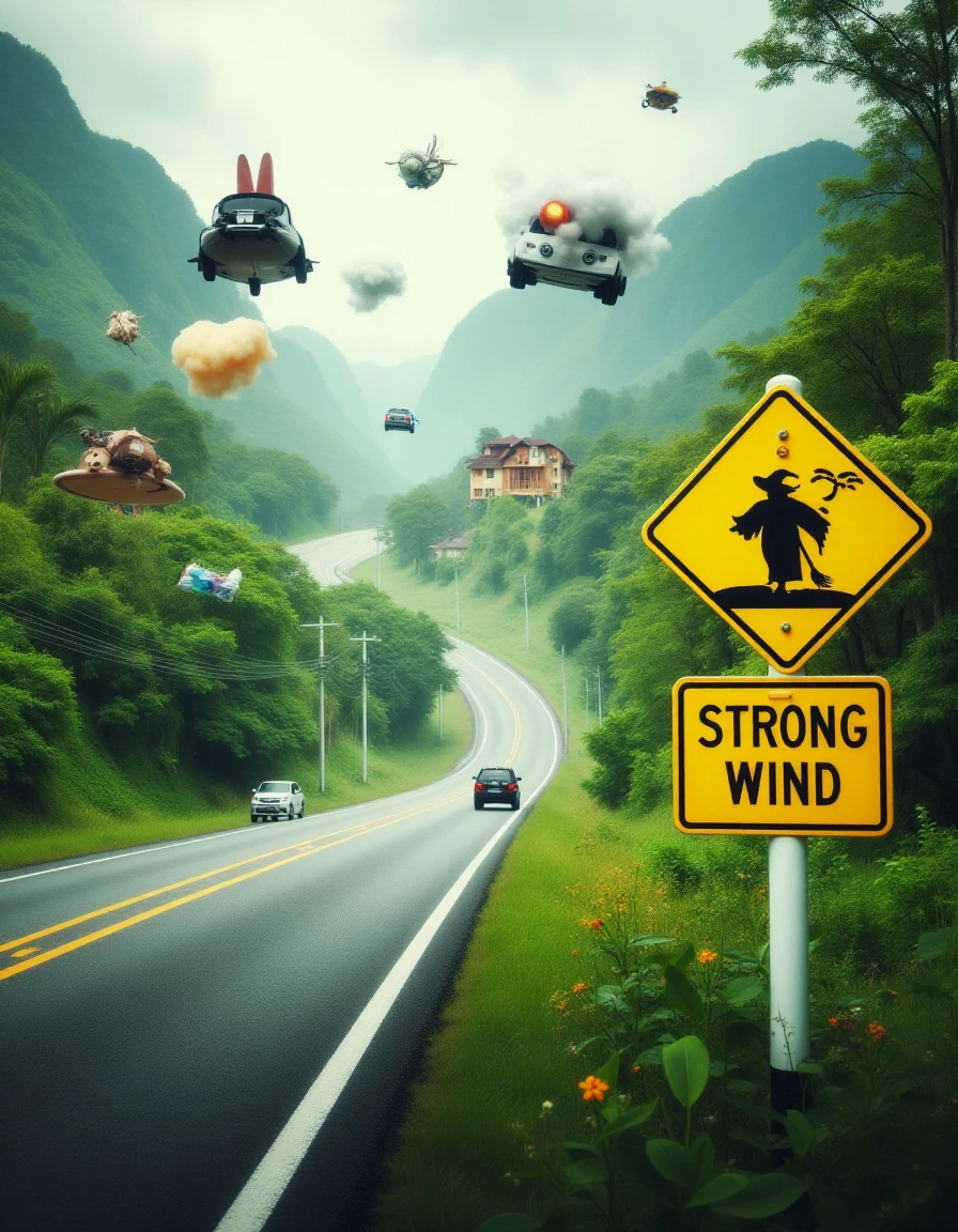 <lora:Road_Sign_Erector_FLUX:0.8>
This image is a digitally created CGI illustration with a dramatic, slightly surrealistic style. It depicts a winding road stretching into the distance, flanked by lush greenery and rolling hills. The road is a two-lane highway with a white dividing line and a yellow centerline, leading into a misty, mountainous landscape. There is currently a hurricane, and cars, houses, debris, garbage, a witch on a broom,  and more are flying around.
In the foreground, a prominent yellow diamond-shaped road sign stands on the right side of the road. The sign features a black cloud with a lightning bolt symbol, and the text "STRONG WIND" in bold, black letters. The sign is mounted on a white post with a small, black base.