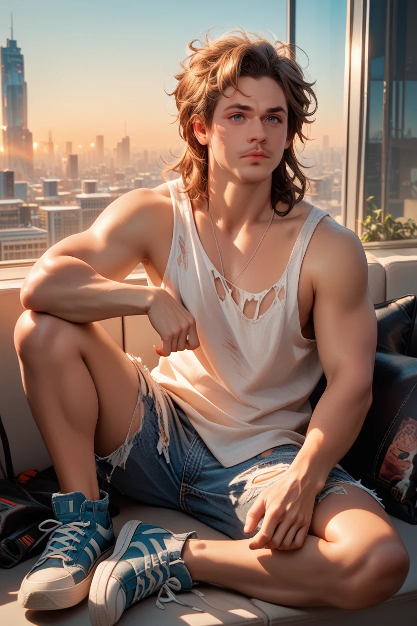 score_9, score_8_up, score_7_up, score_6_up
<lora:STBilly:0.8>
STBilly, solo, 1boy, brown hair, blue eyes, Oversized denim shirt, white tank top, ripped shorts, and slip-on sneakers, Futuristic city skyline at sunset, epic sci-fi vibe