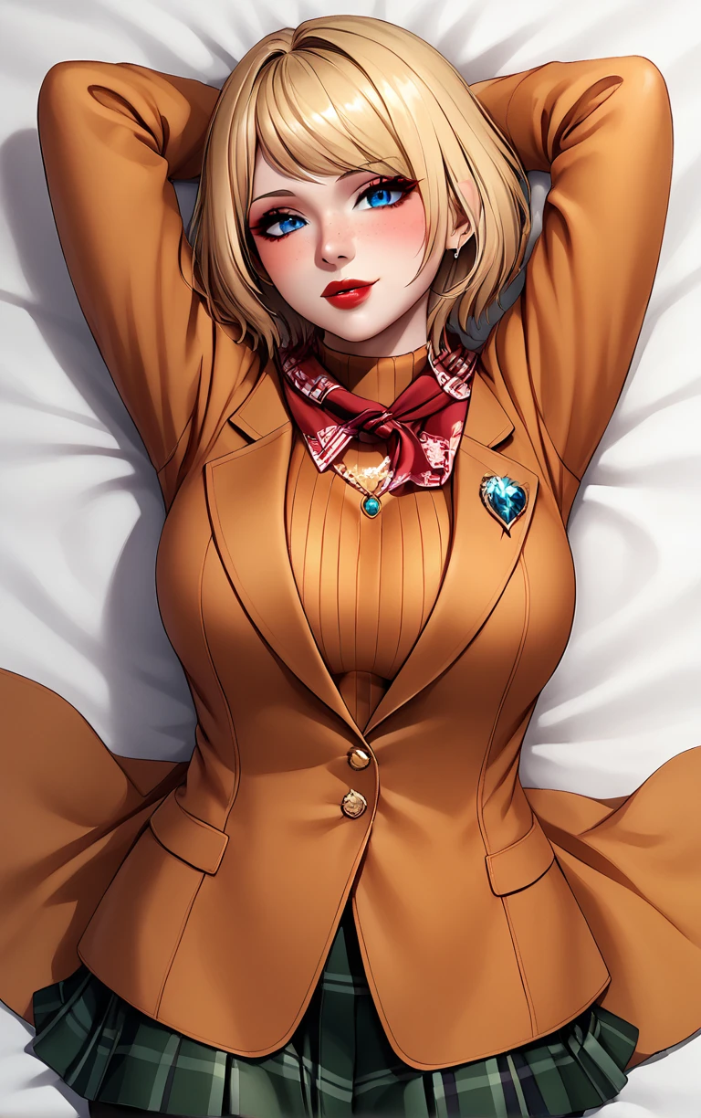 score_9, score_8_up, score_7_up, masterpiece, best quality, absurdres,  solo, BREAK
MainOutfit_Ashley_ownwaifu, 
1girl, blue eyes, short hair, blonde hair, lips, freckles, jewelry, bob cut, necklace, nose, bangs, large breasts, red lips, eyelashes, lipstick, makeup, 
red scarf, brown coat, orange sweater, ribbed sweater, black pantyhose, plaid skirt, green skirt, miniskirt, pleated skirt, turtleneck, blazer, long sleeves, orange jacket, open coat,
(dakimakura \(medium\), solo, arms behind head), on bed, on back, pillow, from above, indoors, <lora:PONYXL_ResidentEvil4Remake_Ashley_ownwaifu:0.7> , depth of field