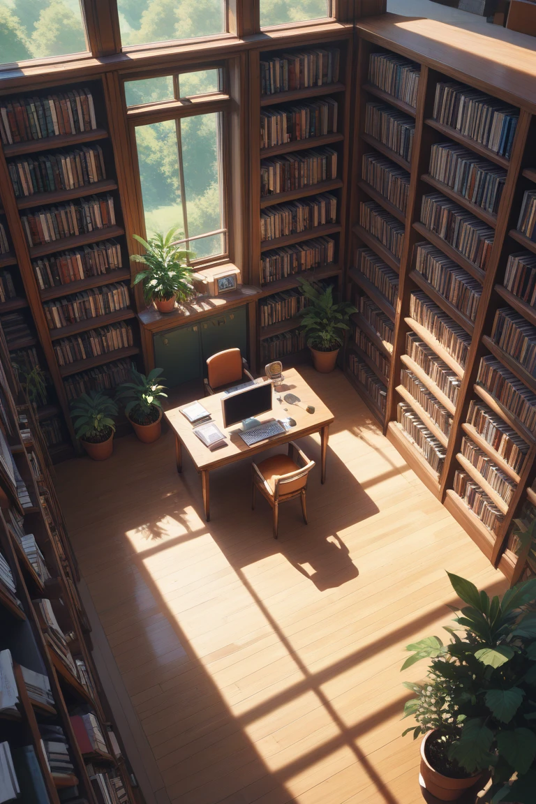 score_9, score_8_up, score_7_up, source_anime, rating_safe, day, sunlight, natural lighting, library focus, library_bookshelf, library_window, library_chair, library_table, library_book, intricately detailed illustration, Candilib, from above, negative space