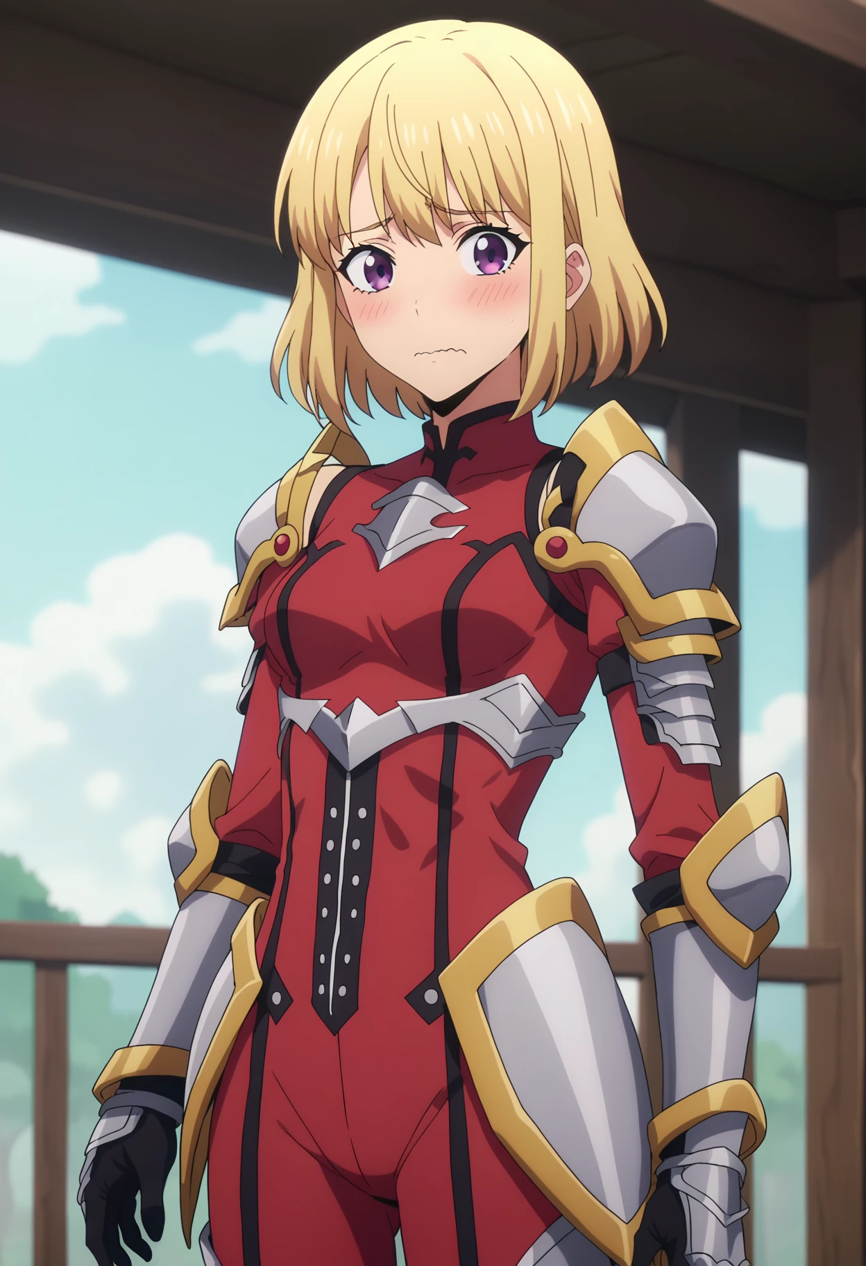 score_9, score_8_up, score_7_up, source_anime,
BREAK
1girl, solo, anime screencap, anime coloring, 
<lora:shiHaeV1:0.8>, haenime, blonde hair, short hair, purple eyes,
shoulder armor, gloves, armor, bodysuit, gauntlets, pauldrons, armored boots, red shirt, red pants, 
looking at viewer, blush, shy, wavy mouth,