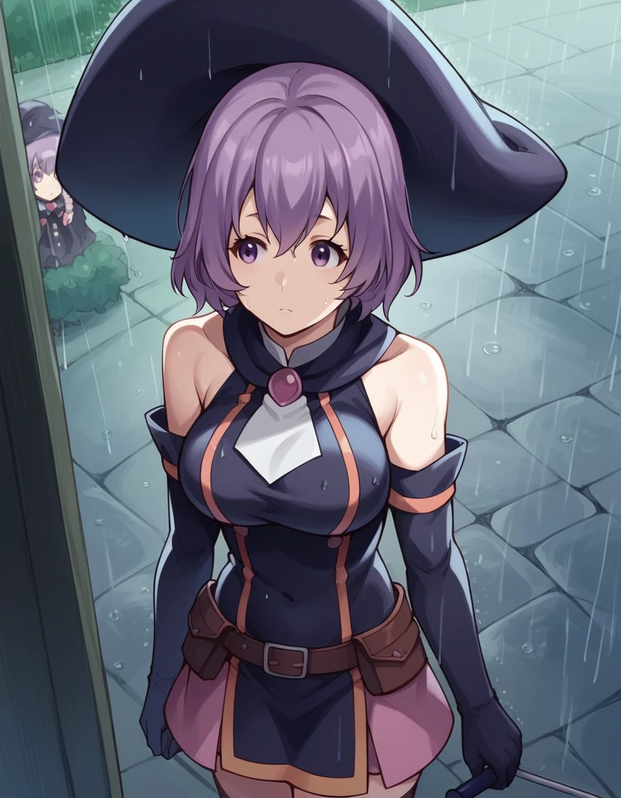 score_9, score_8_up, score_7_up, source_anime, <lora:grimgar-shihoru-s1-ponyxl-lora-nochekaiser:1>, shihoru, short hair, purple hair, purple eyes, large breasts, skirt, thighhighs, gloves, hat, bare shoulders, purple hair, detached sleeves, witch hat,, rainy day, umbrella, walking home, puddles, wet hair, , , from above,, solo,, cowboy shot, dutch angle