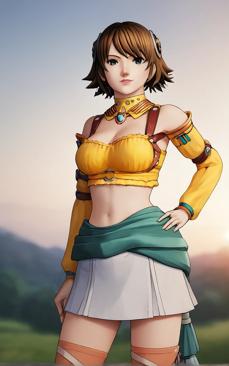 score_9, score_8_up, score_7_up, score_6_up, BREAK
MainOutfit_RogueGalaxy_ownwaifu, 
1girl, brown hair, grey eyes, hair ornament, short hair, lips, breasts, medium breasts, flipped hair, jewelry, lipstick, 
neck ring, suspenders, yellow shirt, midriff, clothes around waist, detached sleeves, navel, thighhighs, crop top, miniskirt, skirt, bare shoulders, long sleeves, white skirt, cleavage, armor, necklace, pleated skirt,
(contrapposto, hand on hip), sunset, sidelighting, outdoors, <lora:PONYXL_Kisala_RogueGalaxy_ownwaifu:1> , depth of field