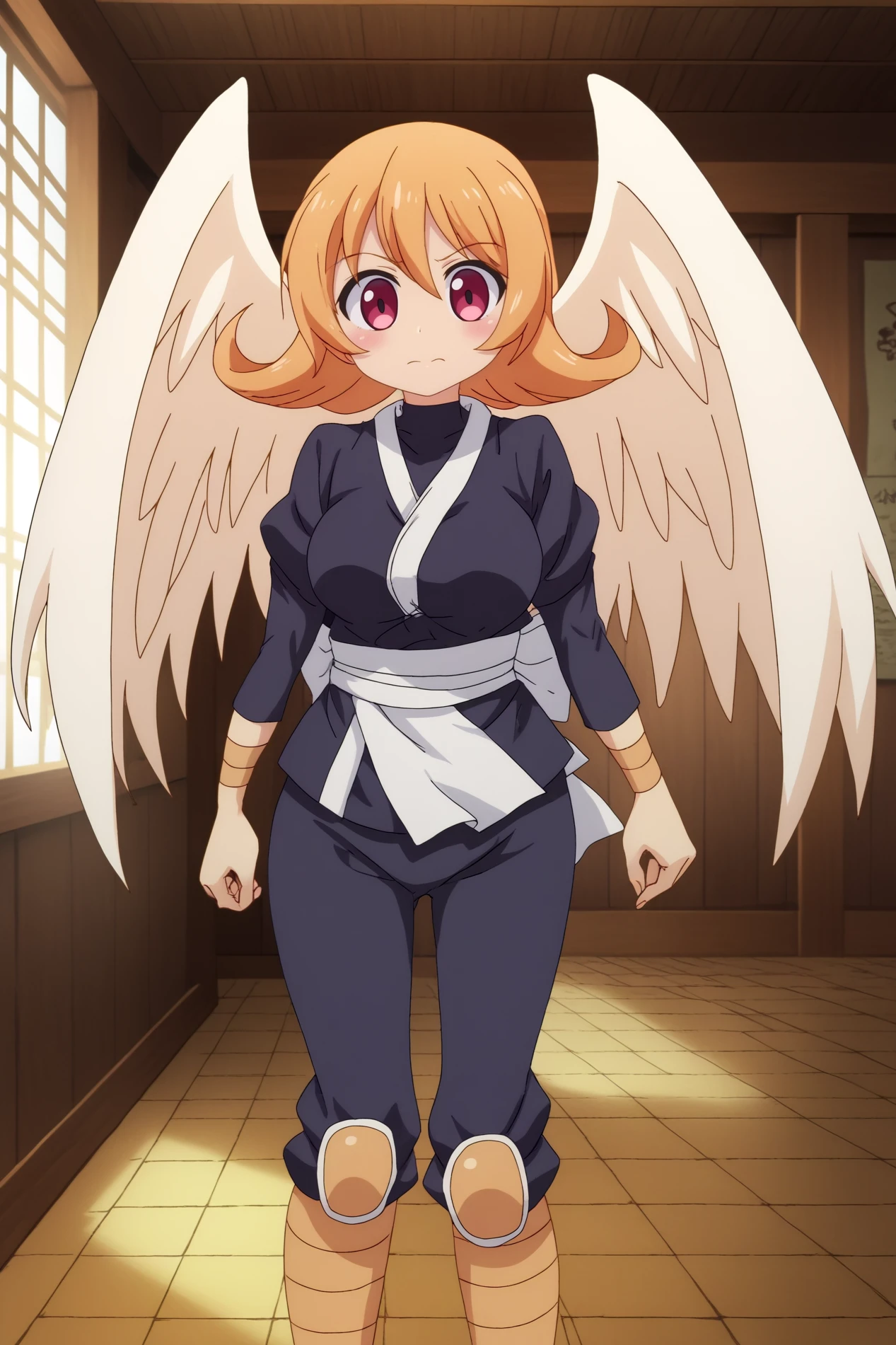 Meidri, wings, solo, anime coloring,  rating_safe, indoors, Ninja Outfit <lora:Ishuzoku_Reviewers-Meidri-PDXL:0.8>