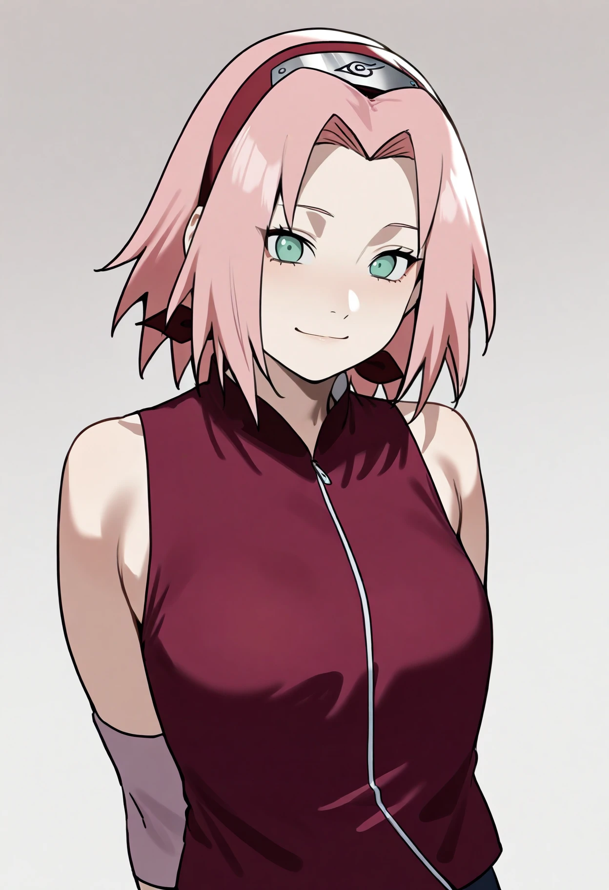 best quality, amazing quality, very aesthetic, absurdres,
1girl, haruno sakura, pink hair, short hair, green eyes, sleeveless, red shirt, forehead protector,
hands behind back, smile, upper body, looking at viewer, solo, simple background, white background   <lora:SakuraShippudenIllustriousXL_byKonan:1>