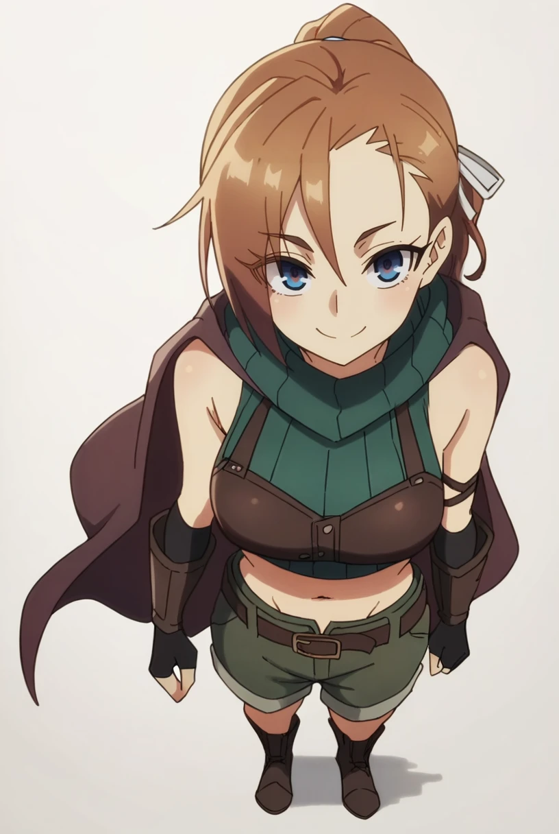 (score_9,score_8_up,score_7_up, ),<lora:TXWL_LD_pony-000018:1>,
TXWL_LD,1girl,solo,blue eyes,ponytail,brown hair,
(brown crop top:1.4),belt,green shorts,fingerless gloves,navel,elbow gloves,hair ribbon,turtleneck,sleeveless,green sweater,black gloves,white ribbon,brown boots,black socks,bare shoulders,cloak,
white_background,simple_background,
full body,full_shot,smile,brown footwear,bare legs,from_above,wariza,hands_on_lap