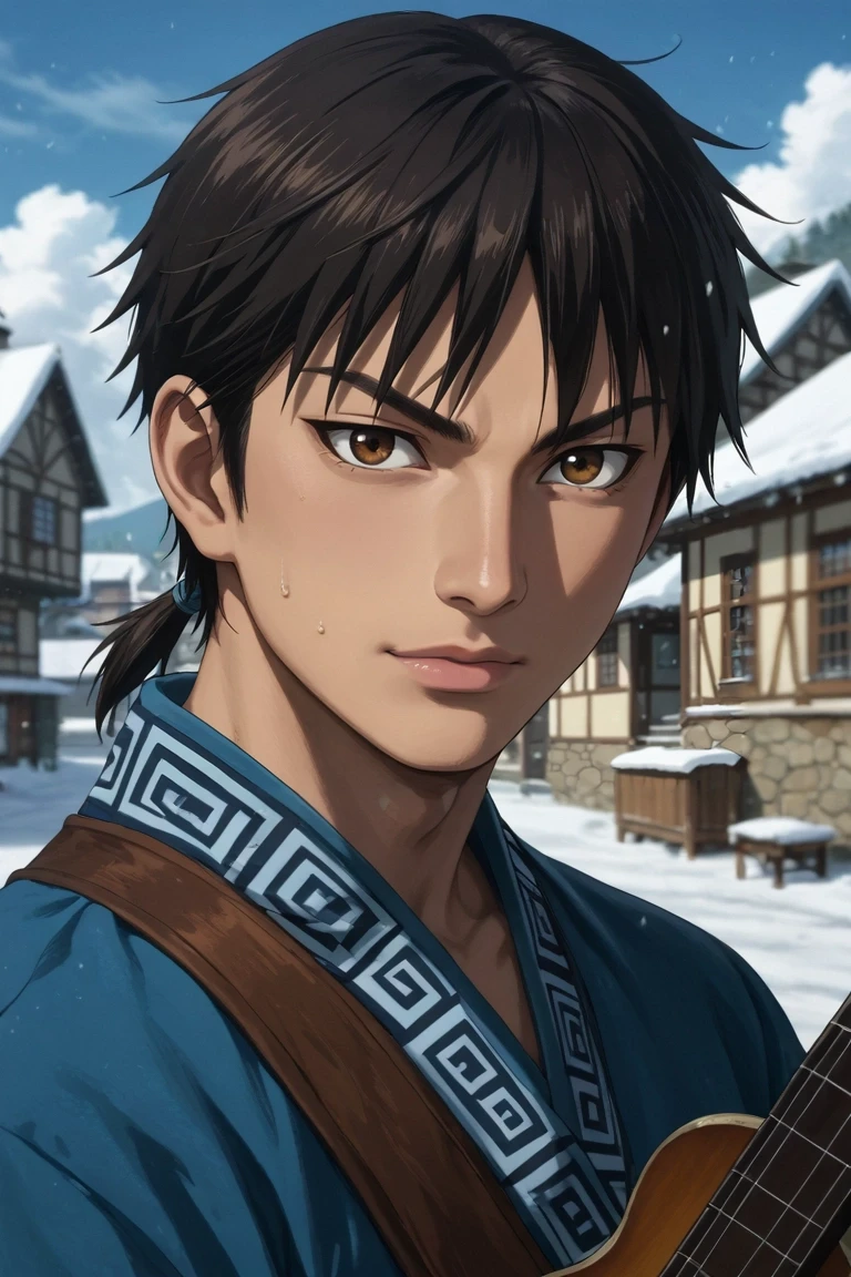 score_9, score_8_up, score_7_up, source_anime, rating_safe, intricate details, (realistic:0.6), looking at viewer, depth of field, 1boy, solo, male focus, <lora:xin_kingdom_pony:0.76>, xin_kingdom, black hair, brown eyes, short hair, low ponytail, , , asymmetrical, snowy town, snow, ice, stalagmite, day, clouds, holding instrument, skin fang, , <lora:sdxl_lightning_8step_lora:1>