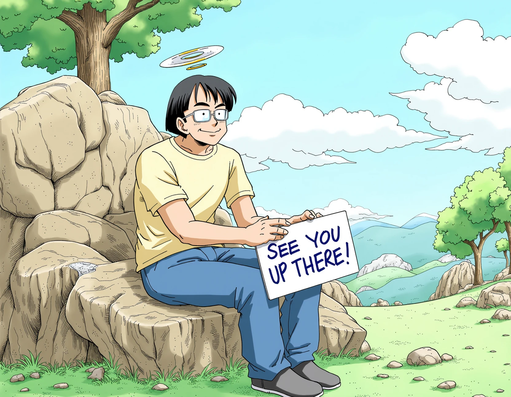 Akira Toriyama's person, a japanese middle-aged man with a friendly smile, black hair, glasses, a ring aureole above the head, sitting casually on a large rock, wearing a simple t-shirt and jeans, holding a small sign in his hand, the sign reads 'See you up there !' in bold letters, the atmosphere is calm and peaceful, surrounded by nature, trees and mountains in the background, soft sunlight shining down, serene and contemplative, highres, realistic, heartwarming, in the manga style of ToriYa-Free-Flux, colored, <lora:ToriYa-Free-Flux:1>