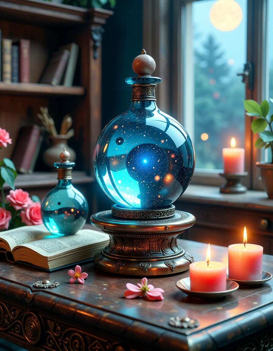 Magical still life with levitating crystal potion bottles emitting colorful vapors, ancient leather-bound spell books with glowing runes, a large iridescent crystal ball reflecting miniature galaxies, floating candles with blue flames, on an ornate wooden table with carved magical symbols, Magic Dream inspired, ray-traced lighting, ultra-detailed textures, 8k resolution
 <lora:magic-dream:0.5> md0924, magic, anna stokes, boris vallejo, alphonse mucha, sky with clouds and moon, flowers, swirl magic