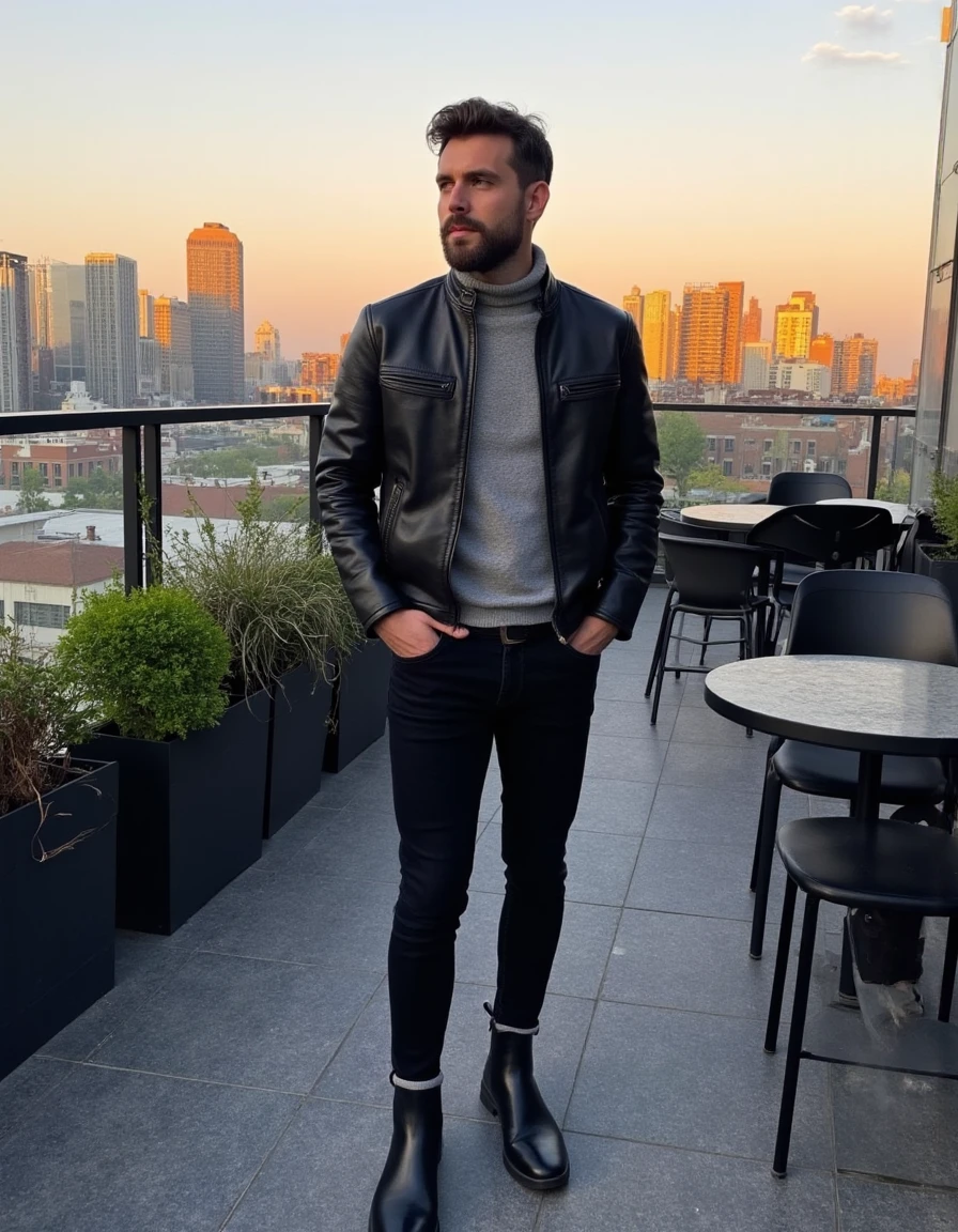 A socmed photo of a stylish man in his early thirties, standing on a bustling urban rooftop garden at sunset. He has a rugged look, with a well-groomed beard and short brown hair. His expression is confident, yet relaxed, as he gazes toward the horizon. He is wearing a casual yet refined outfit: a dark leather jacket over a light gray turtleneck, slim-fit jeans, and sleek black boots. The city skyline stretches out behind him, with skyscrapers catching the warm, golden glow of the setting sun. Potted plants and modern seating fill the rooftop, adding a touch of greenery to the urban environment. The ambient light is soft, casting long shadows, and the atmosphere feels serene despite the distant hum of city life.