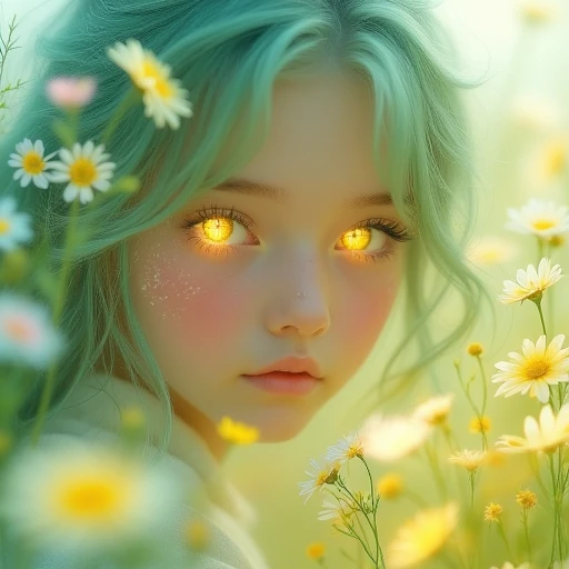 In this ethereal portrait, a beautiful woman with light green hair is the focal point, surrounded by vibrant, glowing daisies and flowers that float like luminous particles in a gentle spring breeze. Her large, firefly-like yellow eyes, filled with innocence and curiosity, sparkle amidst the soft, pastel tones of the scene. The background is an airy blend of light blue and warm yellow, creating a dreamlike, fairy-tale atmosphere. Intricate details in her expression and the delicate petals add depth to the close-up composition, which is sharply focused yet brimming with magic. Her radiant face is softly illuminated, casting a warm, golden glow that highlights her youthful charm and elegance. The scene is both serene and vibrant, balancing between surreal fantasy and romantic mysticism, with perfect symmetry and ambient lighting enhancing its captivating beauty.