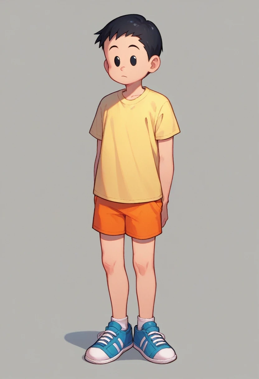 andre, solo, short hair, shirt, black hair, 1boy, standing, full body, male focus, shorts, shoes, black eyes, yellow shirt, t-shirt, orange shorts, blue shoes