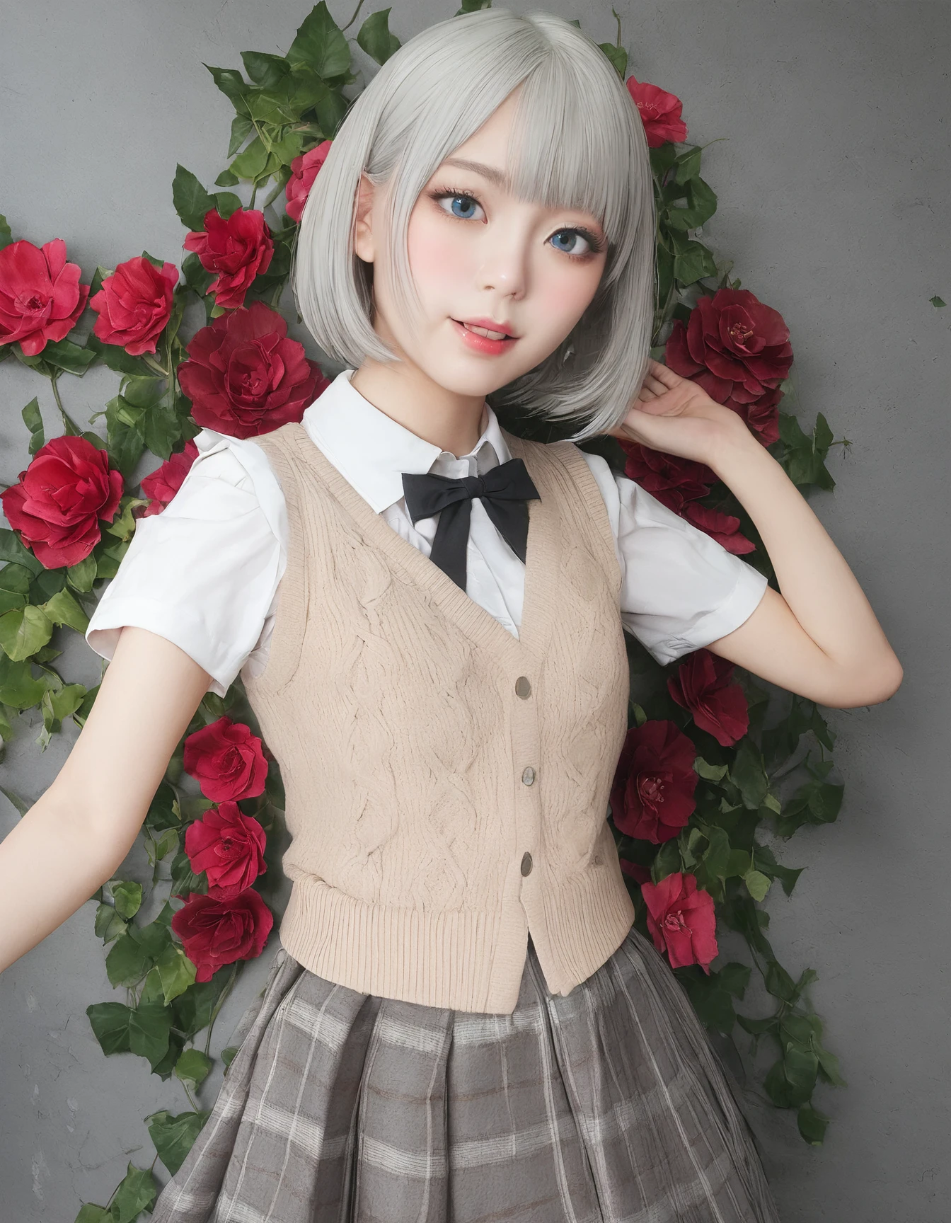 8k, RAW, masterpiece, best quality, very aesthetic, high resolution,
[:natural skin, detailed skin, (skindentation:0.3):0.5], cowboy shot,
1 girl, Korean girl, cute idol, White shirt, beige Knit vest, bowtie, loose Check skirt,
Short Bob, gray Hair, Beautifully eyes, Large eyes, Cheek, Makeup,
Dark Red Flower Wall, large Flowers, Ivy, <lora:WhippeMilk:0.7>