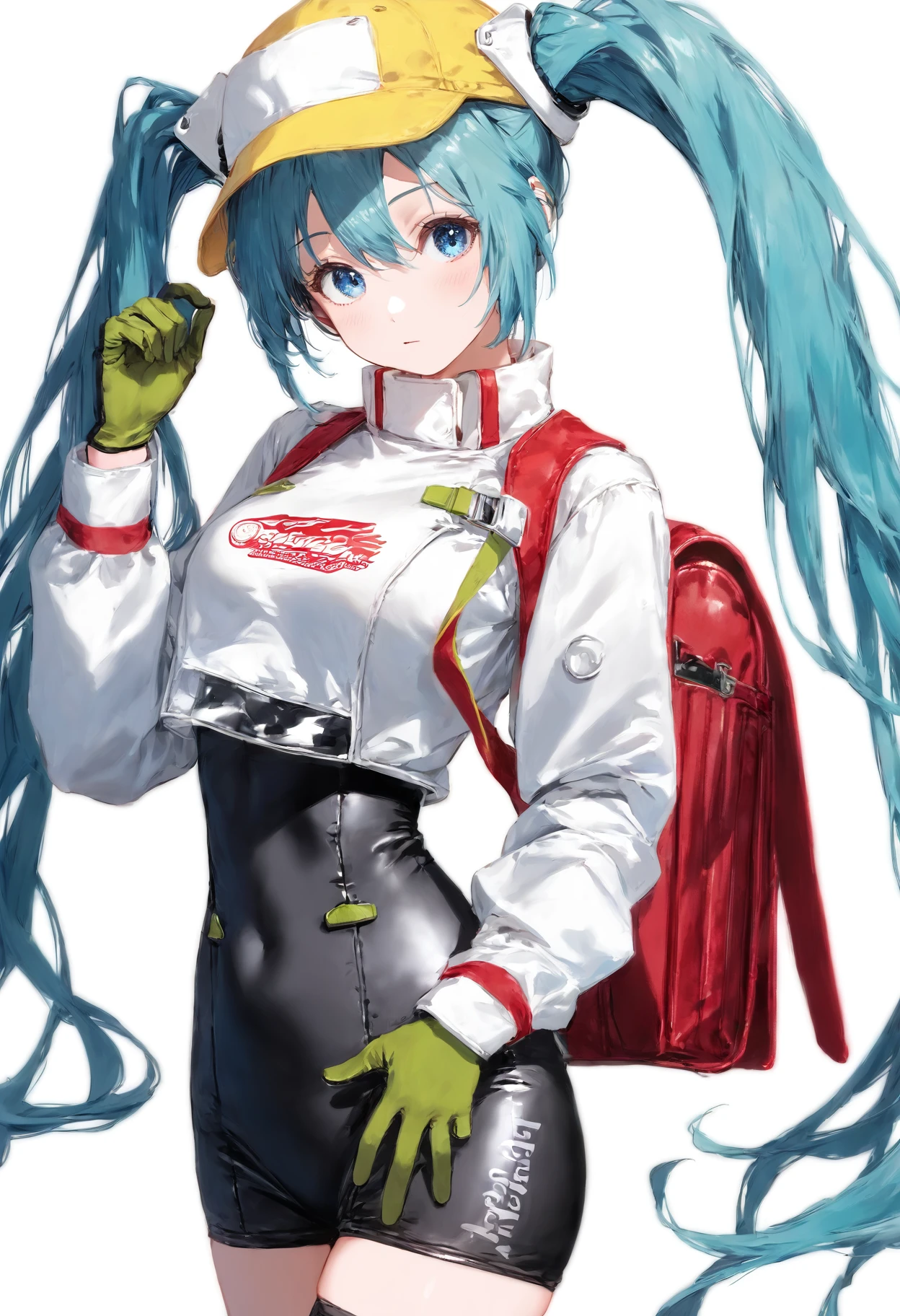 score_9,score_8_up,score_7_up,,source_anime BREAK ,    RHM22, hatsune miku, 1girl, racing miku, solo, green gloves, twintails, long hair, blue eyes, black bodysuit , two-tone gloves, aqua hair, hair between eyes,  jacket, long sleeves, white jacket,  ruanyi0159,randoseru,gym uniform,backpack,yellow hat,school hat,<lora:ã¬ã¼ã·ã³ã°ãã¯22:1>,<lora:0159 adult student dream_v1_pony:1>