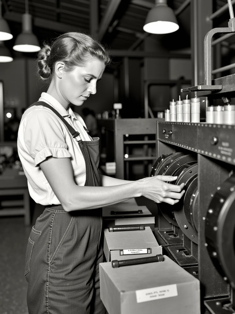 in the style of depression era, photograph of a hardworking woman in a factory, assembling products with determination.  Photo circa autumn 1931, Indiana museum of journalism archival photography