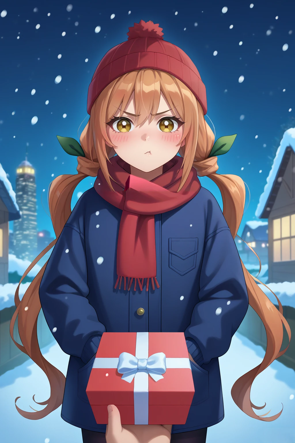 score_9, score_7_up, source_anime, cowboy shot, looking at viewer, pout, blush, indkrn, brown hair, yellow eyes, hair between eyes, low twintails, hair ribbon, winter clothes, coat, scarf, beanie, hands in pocket, PovGifting, pov hands, holding gift, gift box, outdoors, night, snowing, skyline, <lora:Hoseki_100Girlfriends_KaraneInda_PDXL_v1:1> <lora:POVGifting_XLPD:1>