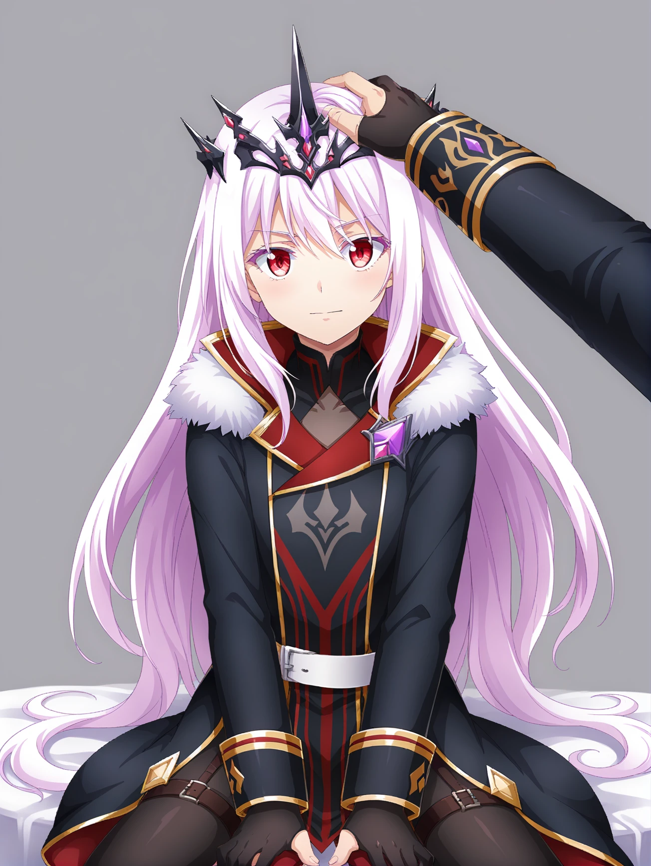 score_9, score_8_up, score_7_up, score_anime, uncensored, BREAK, <lora:Emils_PDXLv0.2:0.8> emils-v2, 1girl, adult, crown, sitting, looking at viewer, main outfit, <lora:Headpat_XLPD:0.8> headpat, pov hands, simple background,