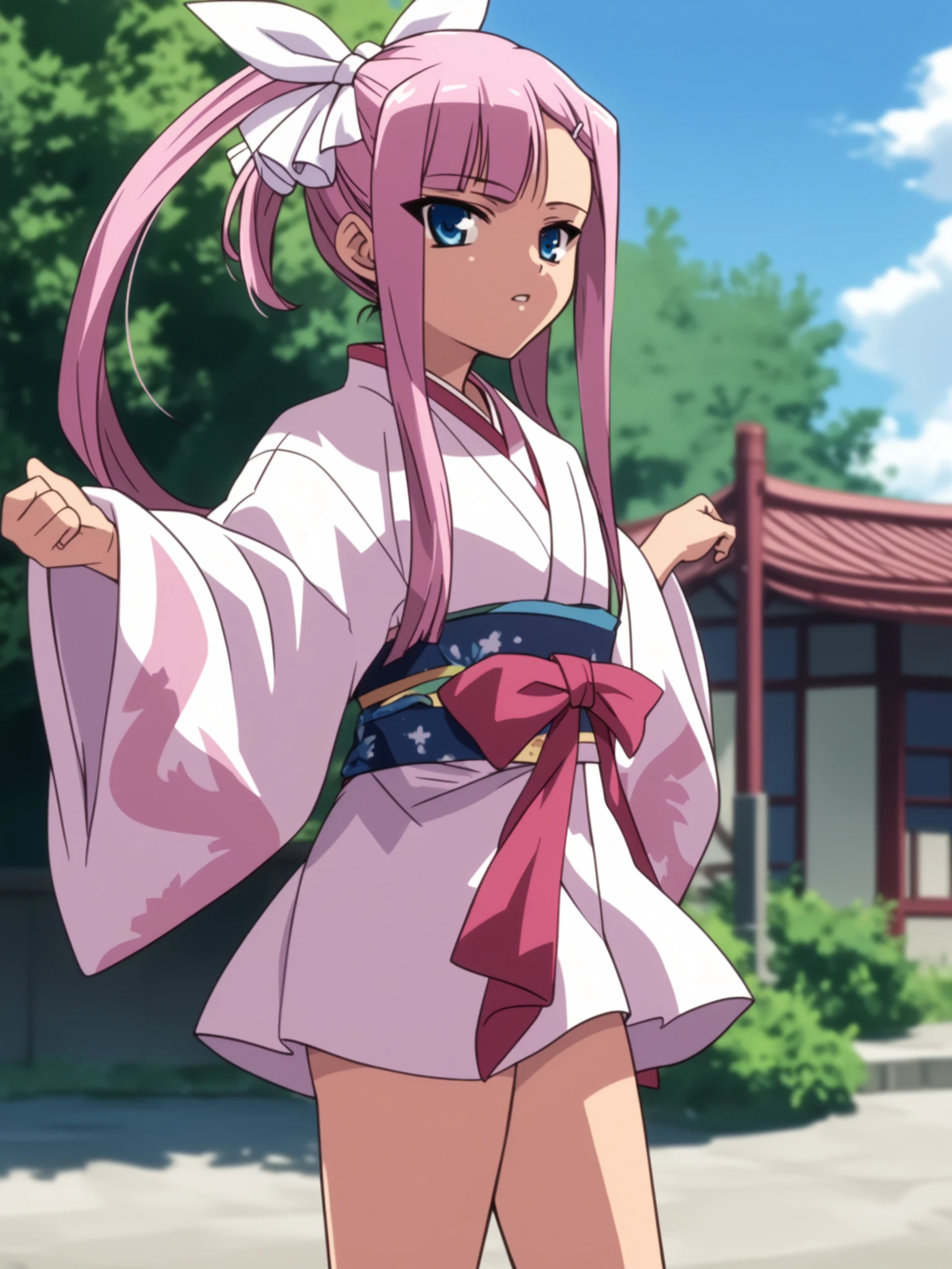 <lora:happy_tentacle-sonshoukou-v0.1-000012:1>, ht_sonshoukou, hair ribbon, hairclip, kimono, ponytail, outdoors , 1girl, solo, cowboy shot, thighs , , ( parted lips :1.1), , looking at viewer , , from side , score_9, score_8_up, score_7_up, score_6_up, score_5_up, score_4_up