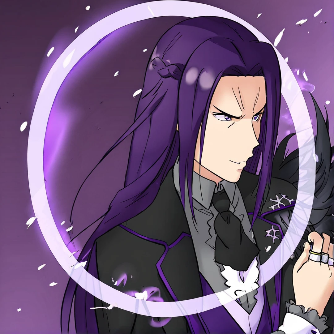 <lora:StrideVollachia:1>, stride, thirty years of age, his features, were uncommonly sharp and noble, has long, rich deep-purple hair, that had a silky look to it, and reached past his shoulders, wears black trousers, black shoes, a light grey shirt, a black cravat, a white waistcoat over the shirt, and a black long coat over the waistcoat, that had notched lapels and rolled cuffs, purple lining, on his left shoulder, has many large feathers with purple tips, on each of his ten fingers, are ring curse tools, solo, standing in a city, with ruined buildings, is fighting, magic, looking at something