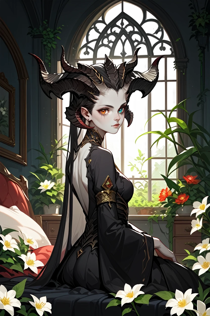 score_9, score_8_up, score_7_up, score_6_up
 <lora:D4Lilith:0.8>
D4Lilith, demon horns, heterochromia, gray skin, looking at viewer, indoors, overgrowned, bedroom, flowers, white flowers, vines