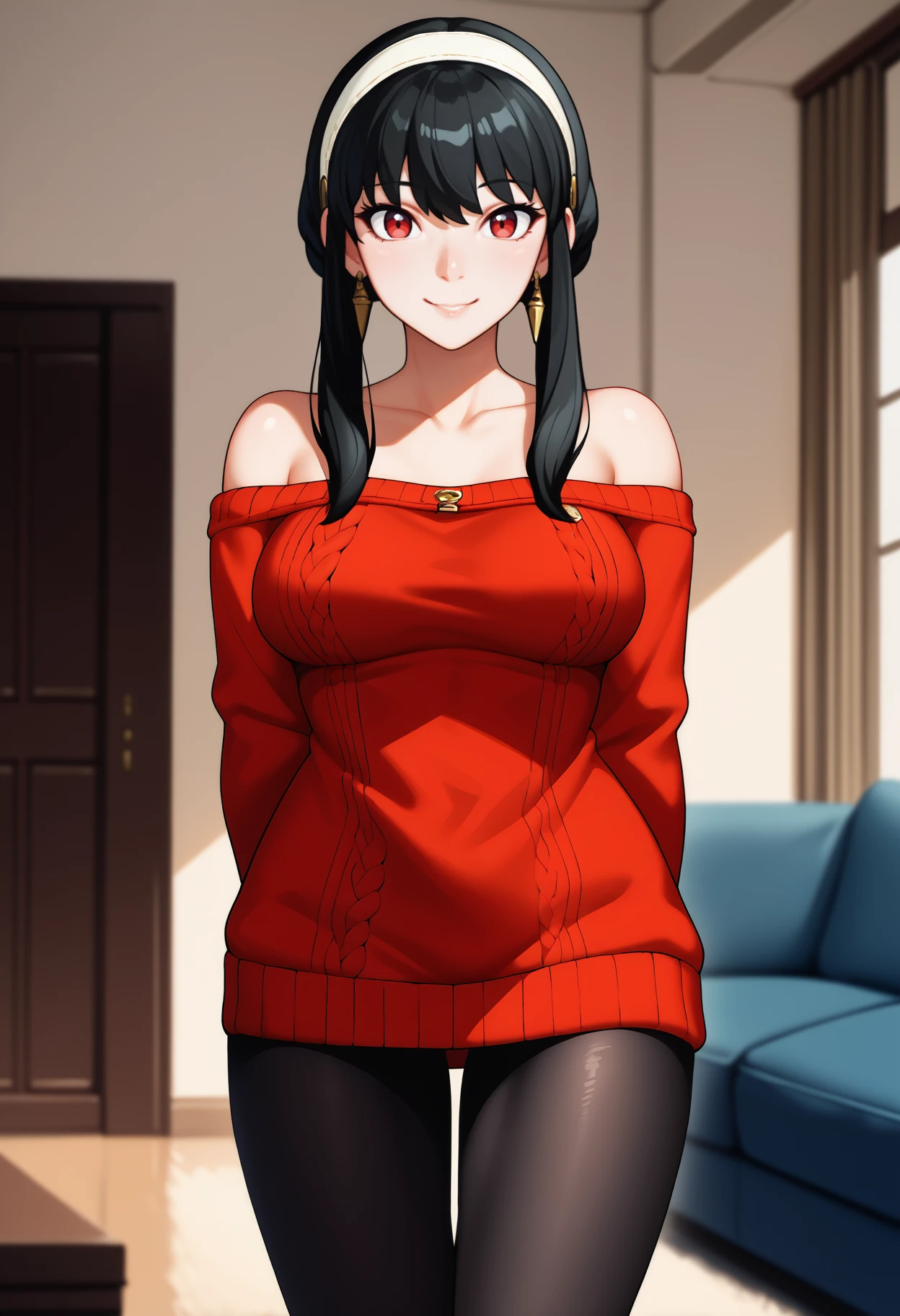 score_9, score_8_up, score_7_up, source_anime, <break> y0rdef, smile, looking at you, standing, arms behind back, black hair, short hair with long locks, white hairband, red eyes, red sweater, sweater dress, off-shoulder sweater, long sleeves, black pantyhose, gold earrings, bare shoulders, collarbone, large breasts, indoors, living room
<segment:yolo-face_yolov8m.pt,0.4,0.5//cid=1>