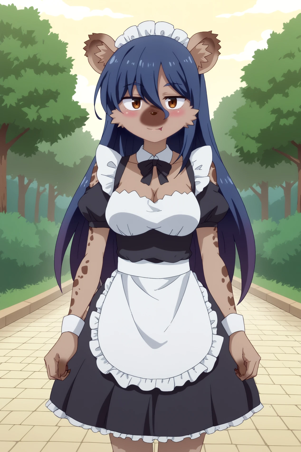 Elza, hyena girl, smile, anime coloring,  rating_safe, outdoors, Maid Apron Dress <lora:Ishuzoku_Reviewers-Elza-PDXL:0.8>