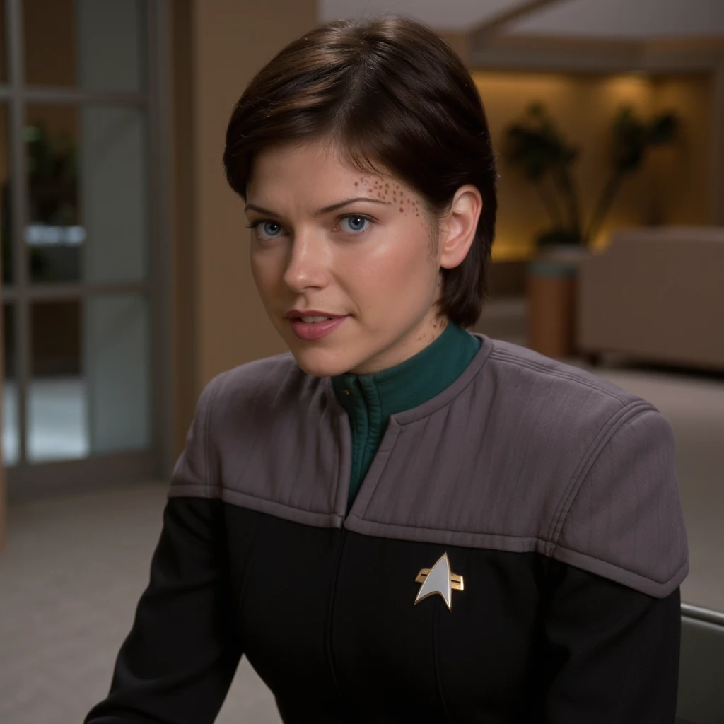 photo realistic, EzriDax woman, wearing star trek uniform <lora:EzriDax_Flux_v1:1.3>