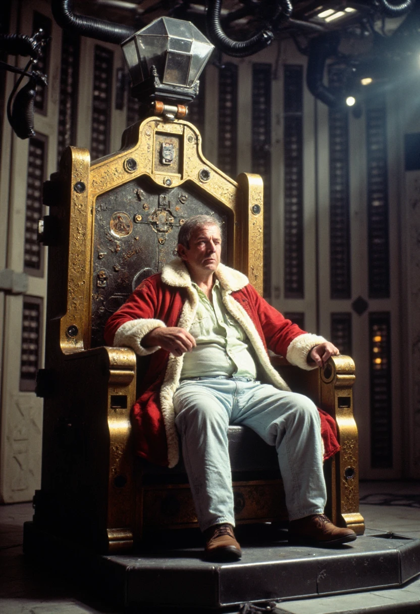 Retro High fantasy film screengrab.

In a dimly lit throne room, a fat white haired king sits on a large golden throne with ornate etchings and jeweled trim. The throne is a sci-fi machinery with lights and wires with dark tubes and terrifying mechanisms.

The king is wearing a long red cape with white fur. His clothing are period appropriate and are rich and extravagant. Atop his head is a tall prismatic crown.

The background is a throne room made from marble and stone.
